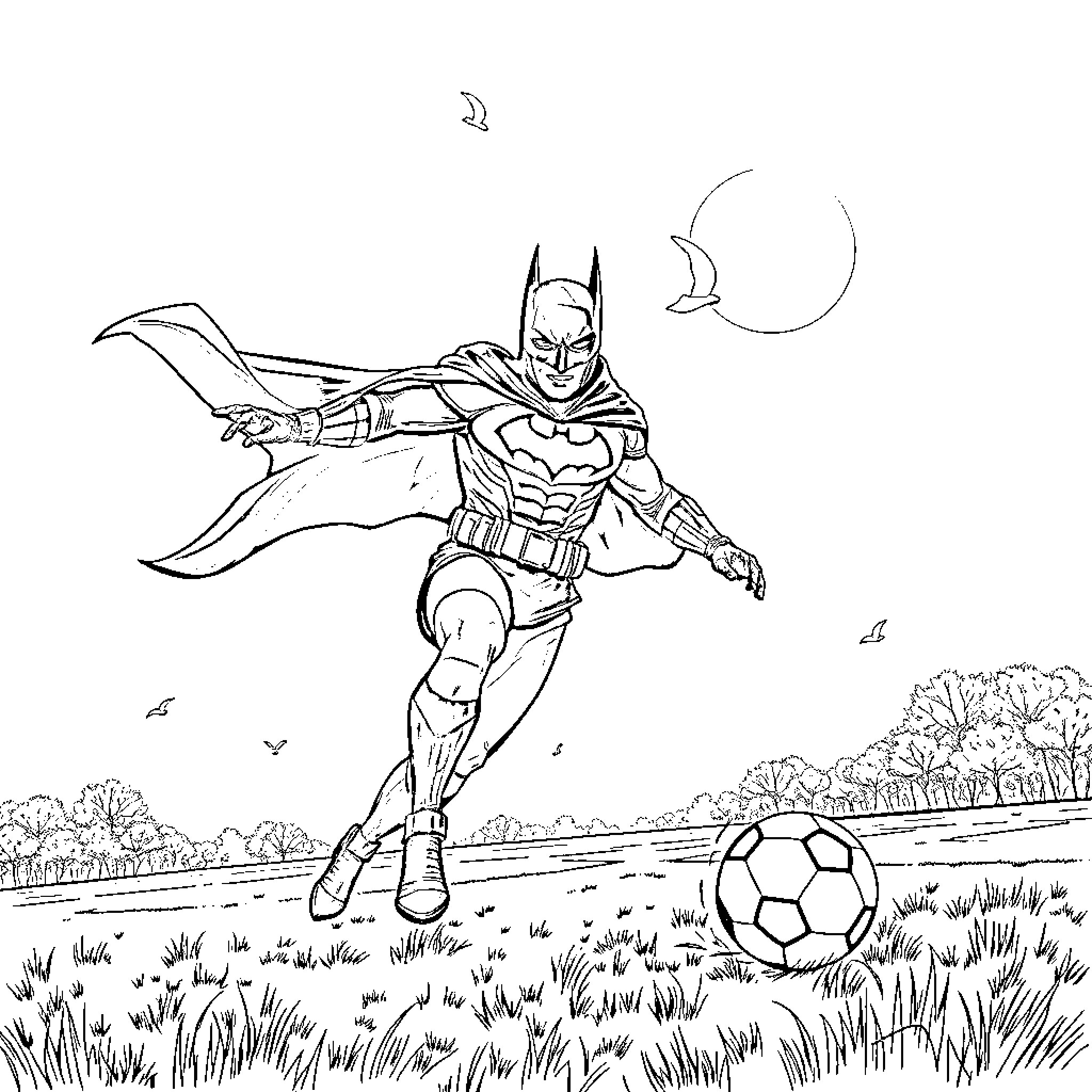 Knight in action with soccer ball in field Coloring Page (free black-and-white line drawing printable PDF for all, from beginners to advanced learners, including children, teens, adults, and seniors)