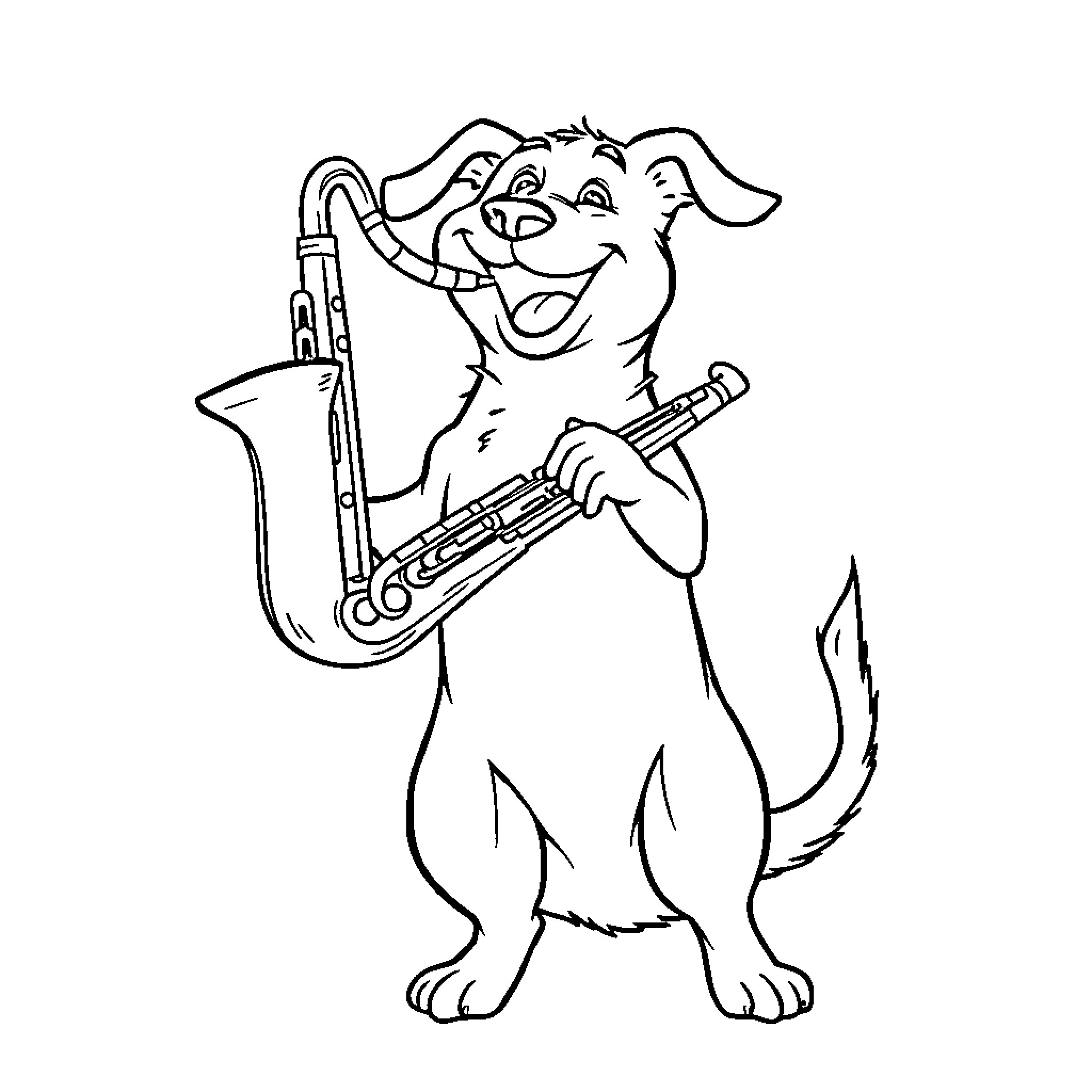 Dog playing a saxophone with joy Coloring Page (free black-and-white line drawing printable PDF for all, from beginners to advanced learners, including children, teens, adults, and seniors)