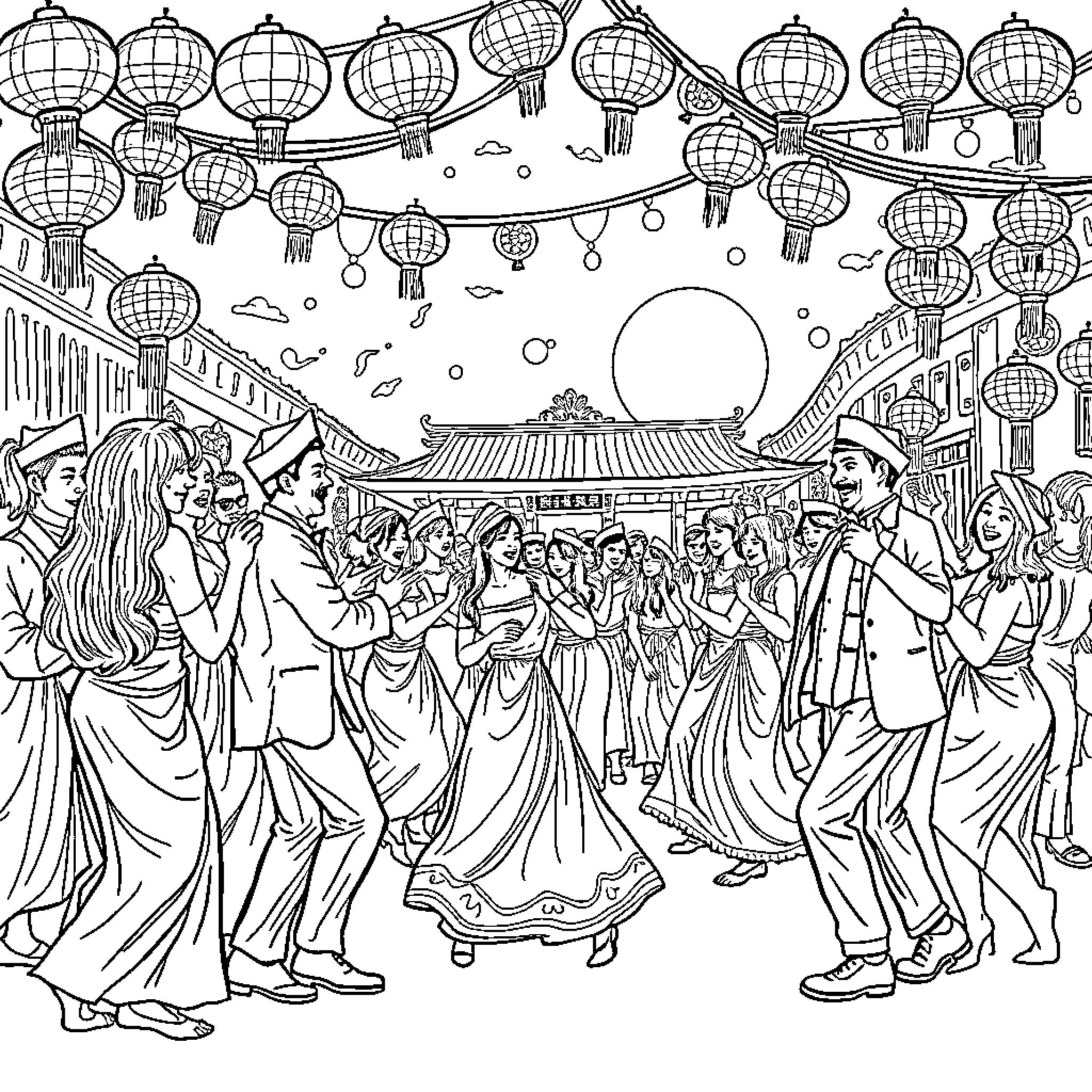 Tung Tung Sahor: Vibrant Celebration with Lanterns and Dancers Coloring Page (free black-and-white line drawing printable PDF for all, from beginners to advanced learners, including children, teens, adults, and seniors)
