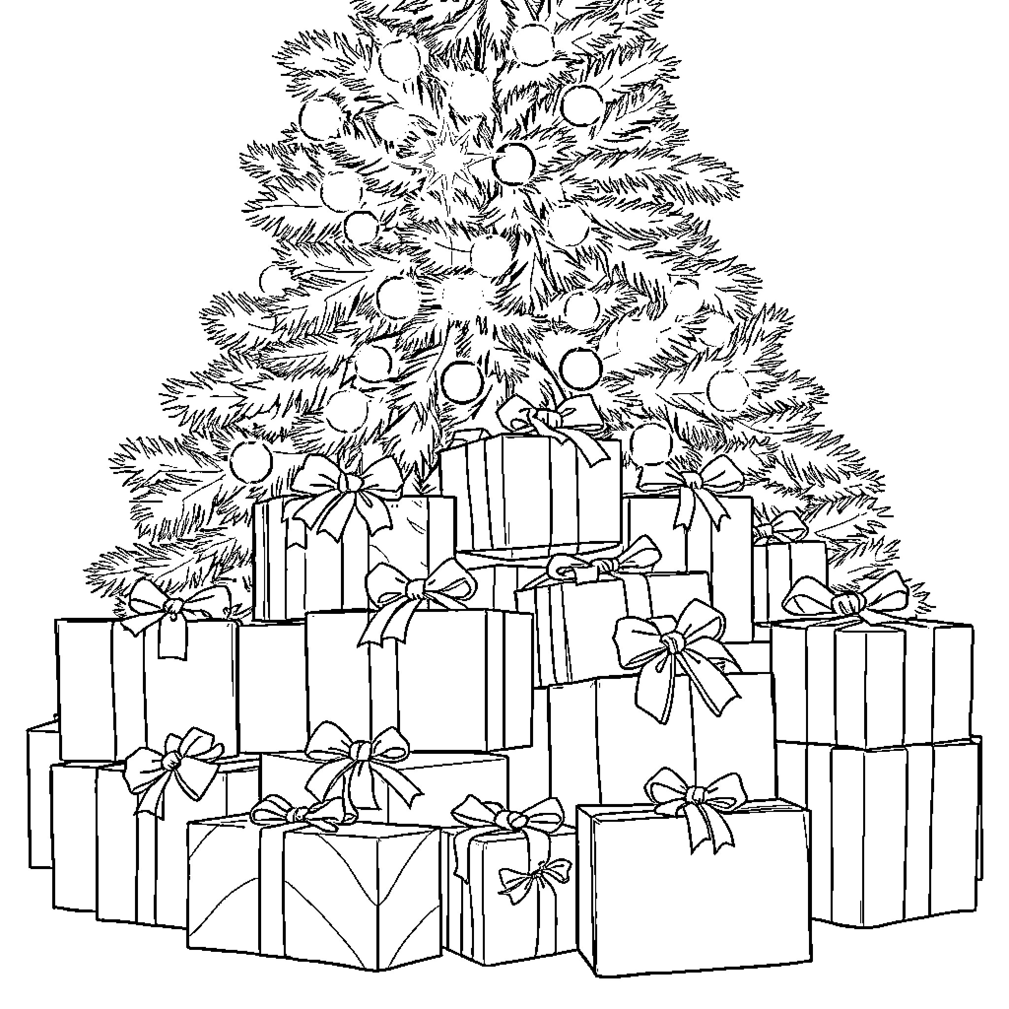 Gift-wrapped presents under decorated Christmas tree Coloring Page (free black-and-white line drawing printable PDF for all, from beginners to advanced learners, including children, teens, adults, and seniors)