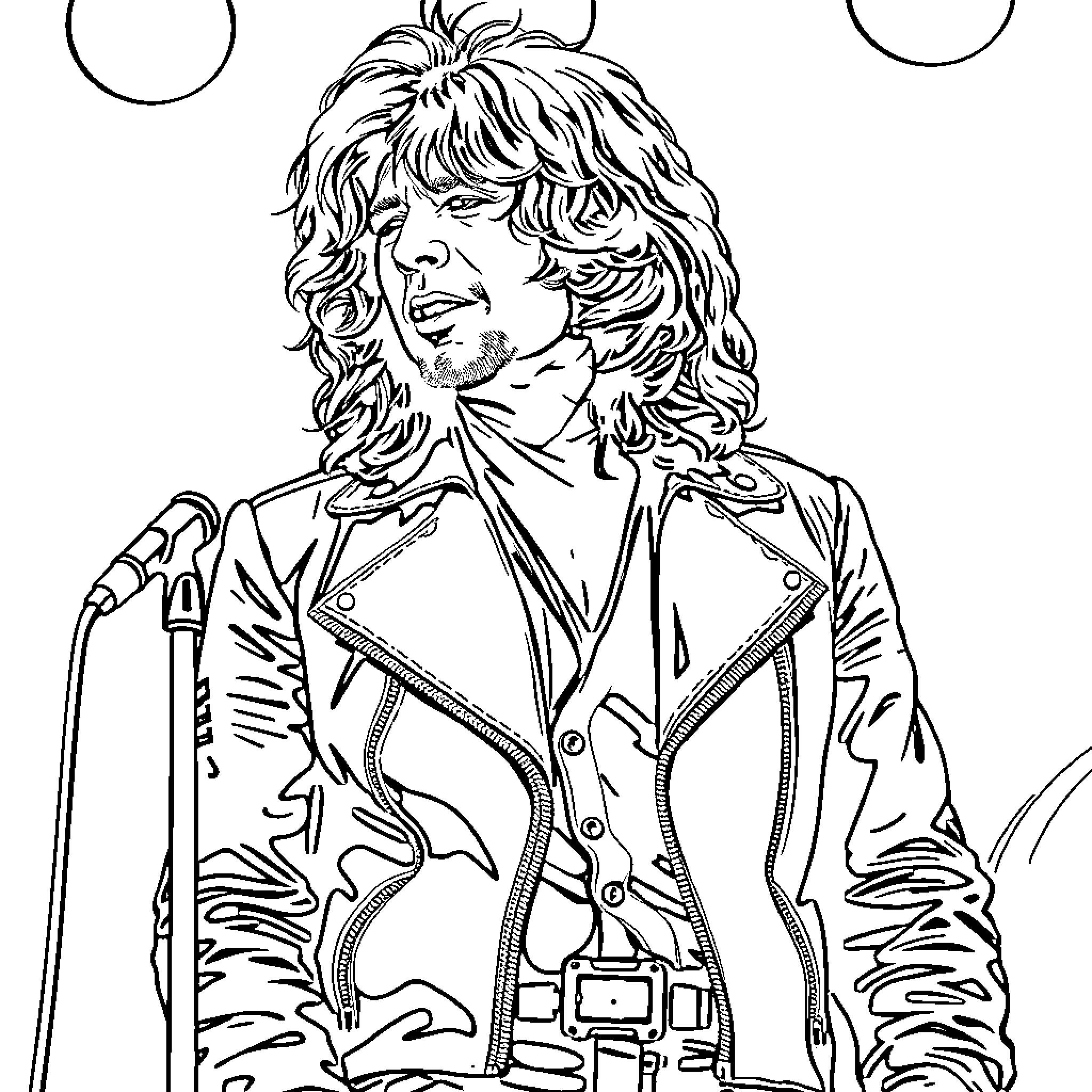 Jim Morrison performing on stage with intense expression Coloring Page (free black-and-white line drawing printable PDF for all, from beginners to advanced learners, including children, teens, adults, and seniors)