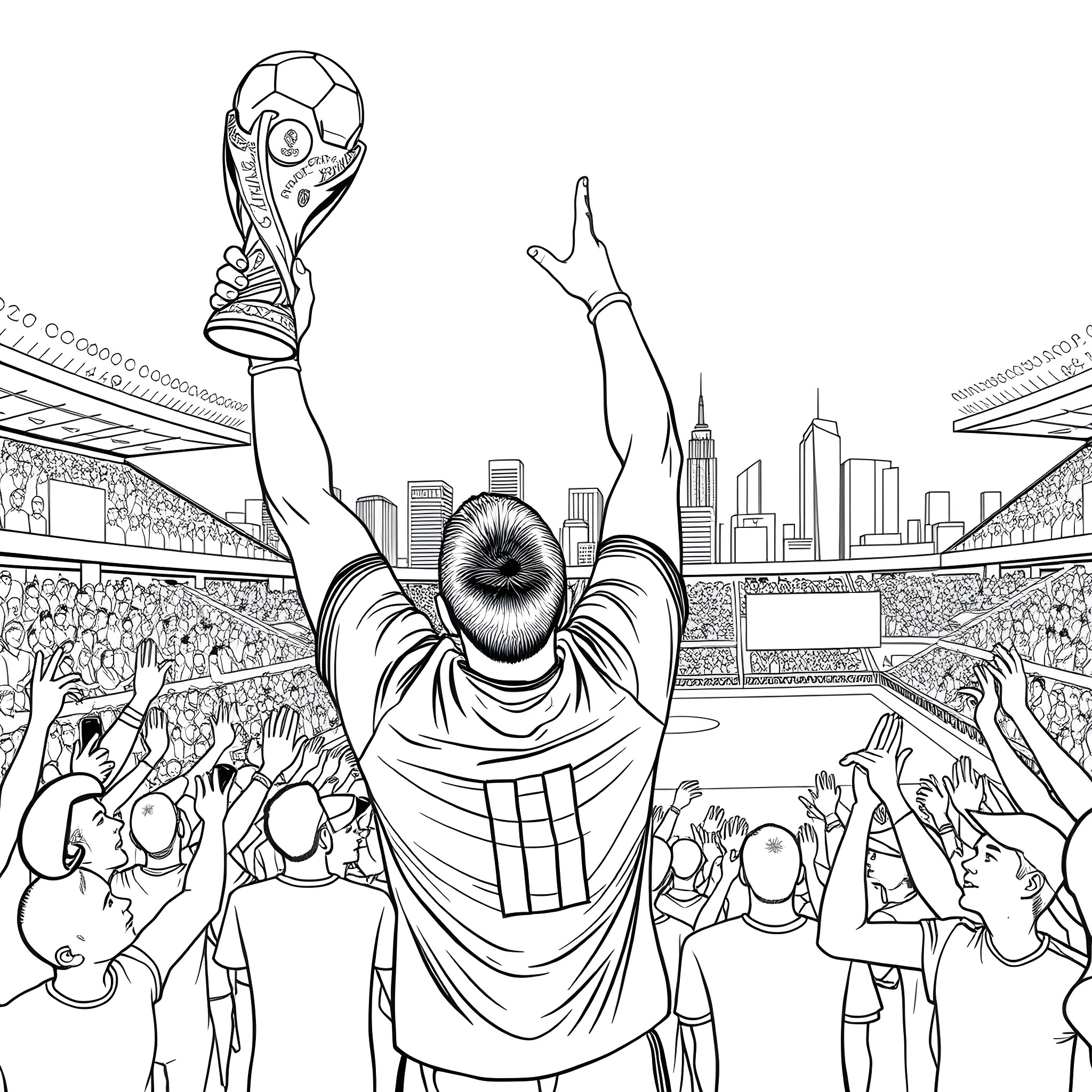 Ronaldo Celebrates Soccer Victory with Crowd Coloring Page (free black-and-white line drawing printable PDF for all, from beginners to advanced learners, including children, teens, adults, and seniors)