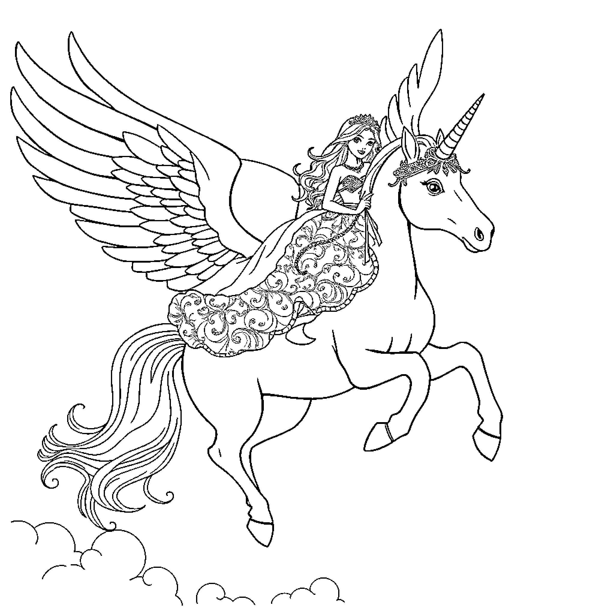 Princess riding a majestic winged unicorn in the sky Coloring Page (free black-and-white line drawing printable PDF for all, from beginners to advanced learners, including children, teens, adults, and seniors)