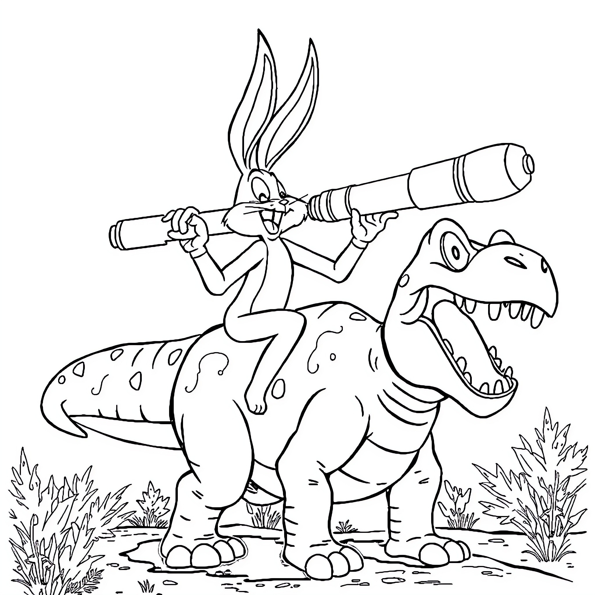 Bugs Bunny riding a dinosaur with a telescope Coloring Page (free black-and-white line drawing printable PDF for all, from beginners to advanced learners, including children, teens, adults, and seniors)