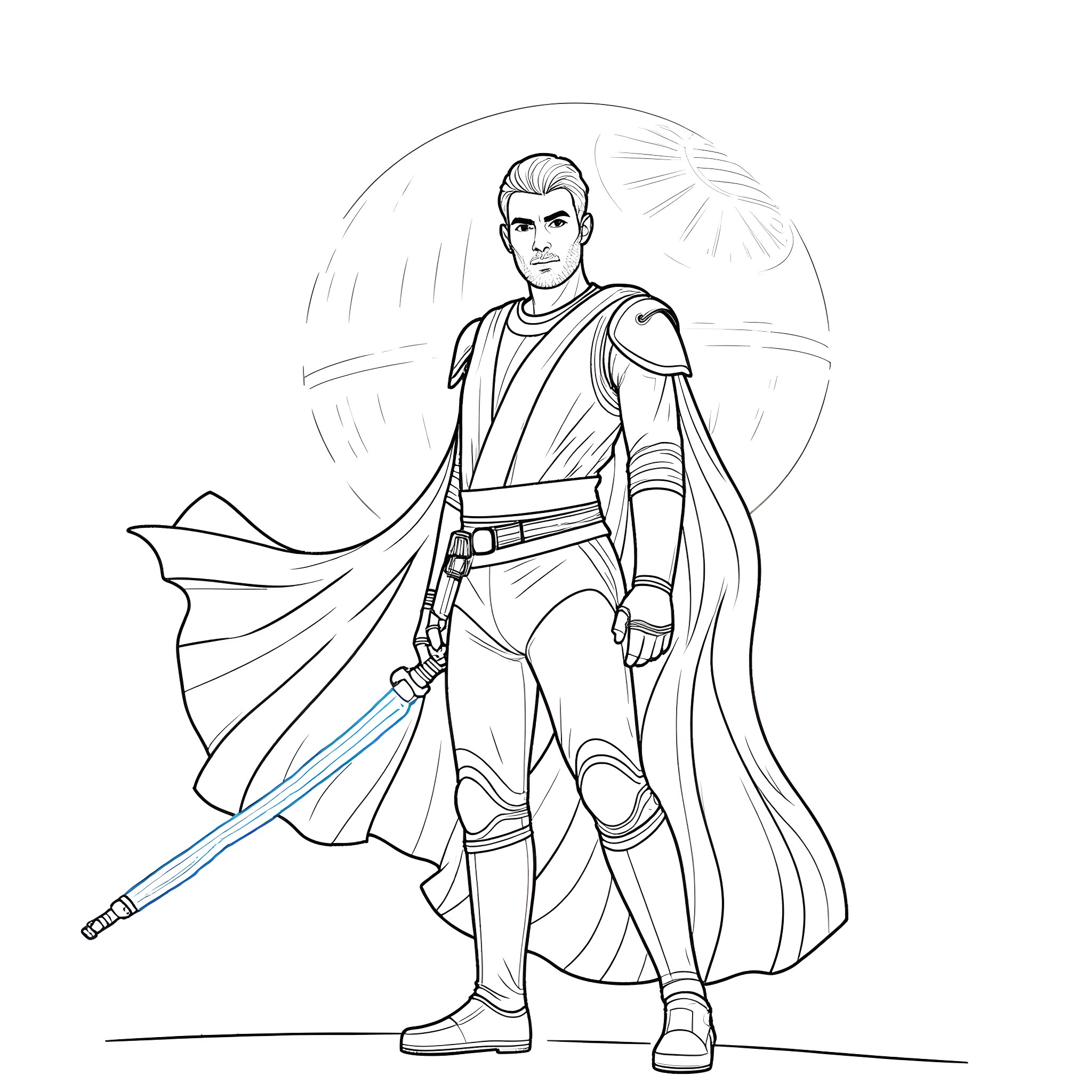 Jedi Knight in Action Pose with Lightsaber Coloring Page (free black-and-white line drawing printable PDF for all, from beginners to advanced learners, including children, teens, adults, and seniors)