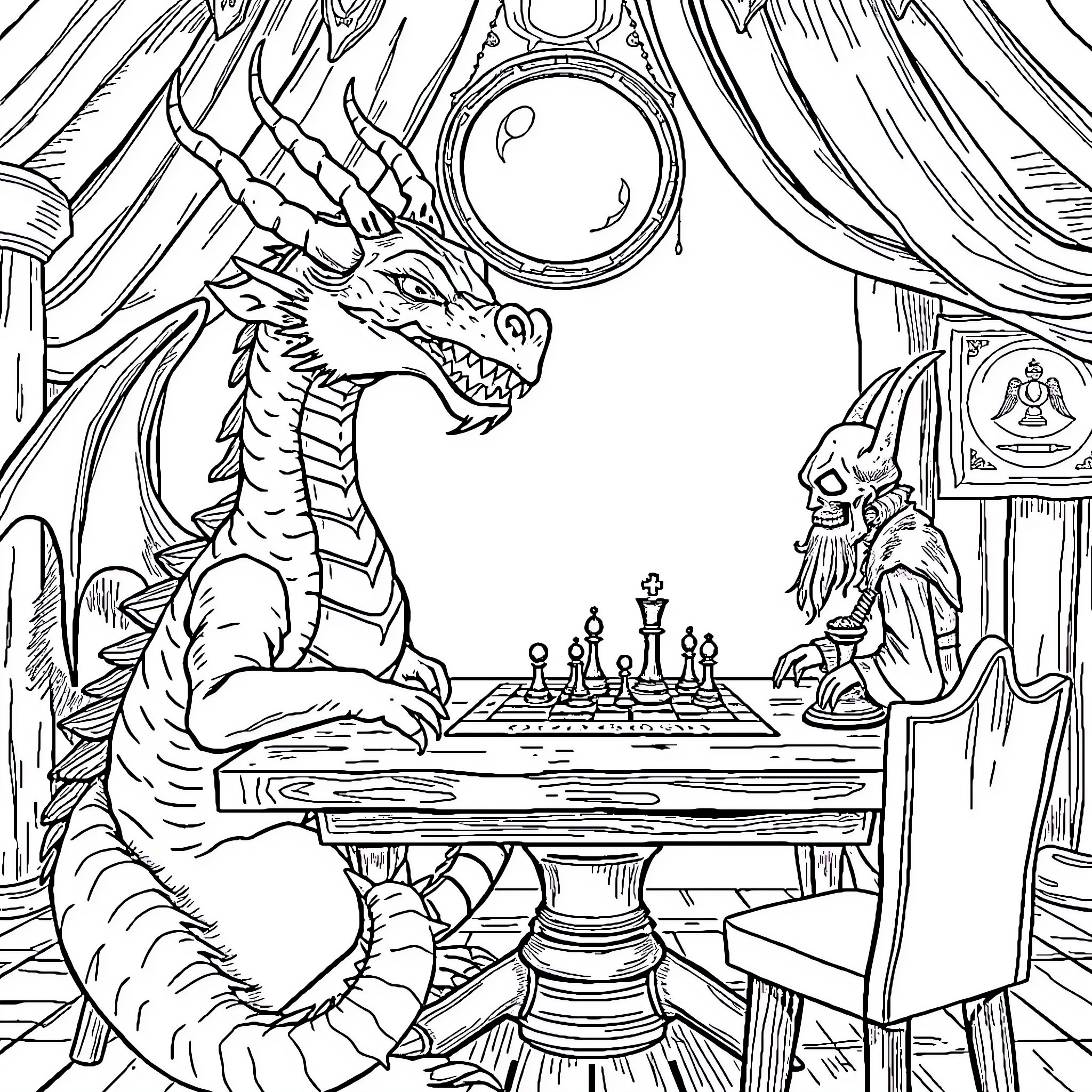Dragon playing chess with a mystical figure Coloring Page (free black-and-white line drawing printable PDF for all, from beginners to advanced learners, including children, teens, adults, and seniors)