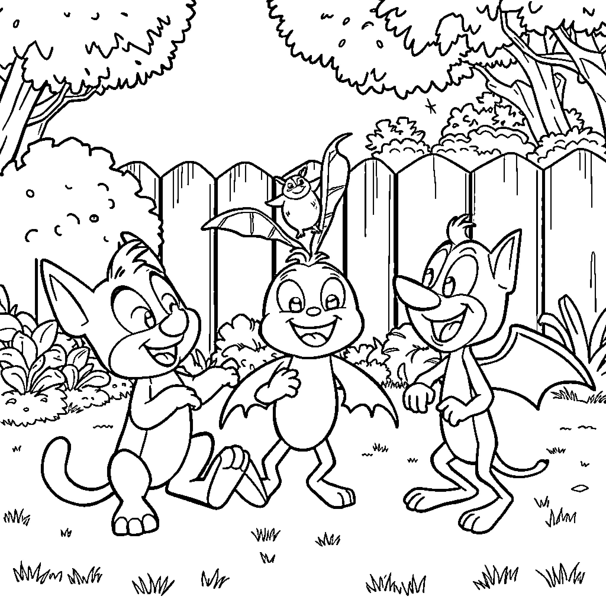 Bluey and friends play in the magical forest Coloring Page (free black-and-white line drawing printable PDF for all, from beginners to advanced learners, including children, teens, adults, and seniors)