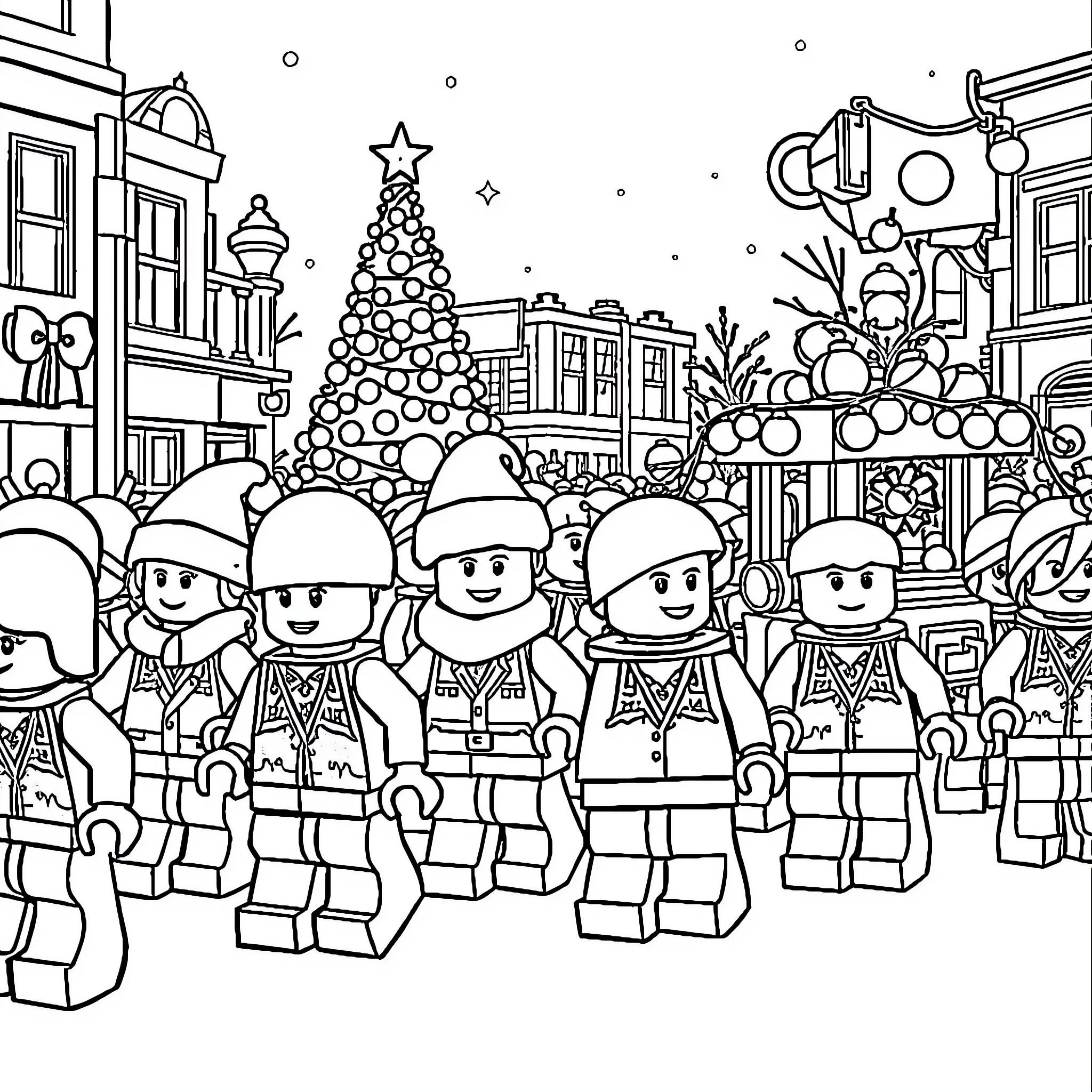 Lego characters celebrating festive holiday scene Coloring Page (free black-and-white line drawing printable PDF for all, from beginners to advanced learners, including children, teens, adults, and seniors)