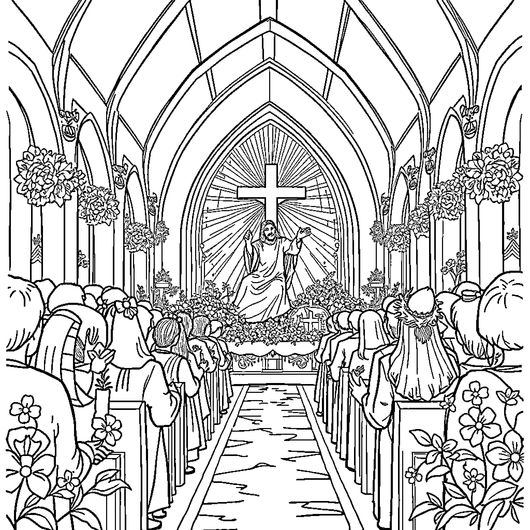 Easter Celebration in a Majestic Cathedral Coloring Page (free black-and-white line drawing printable PDF for all, from beginners to advanced learners, including children, teens, adults, and seniors)
