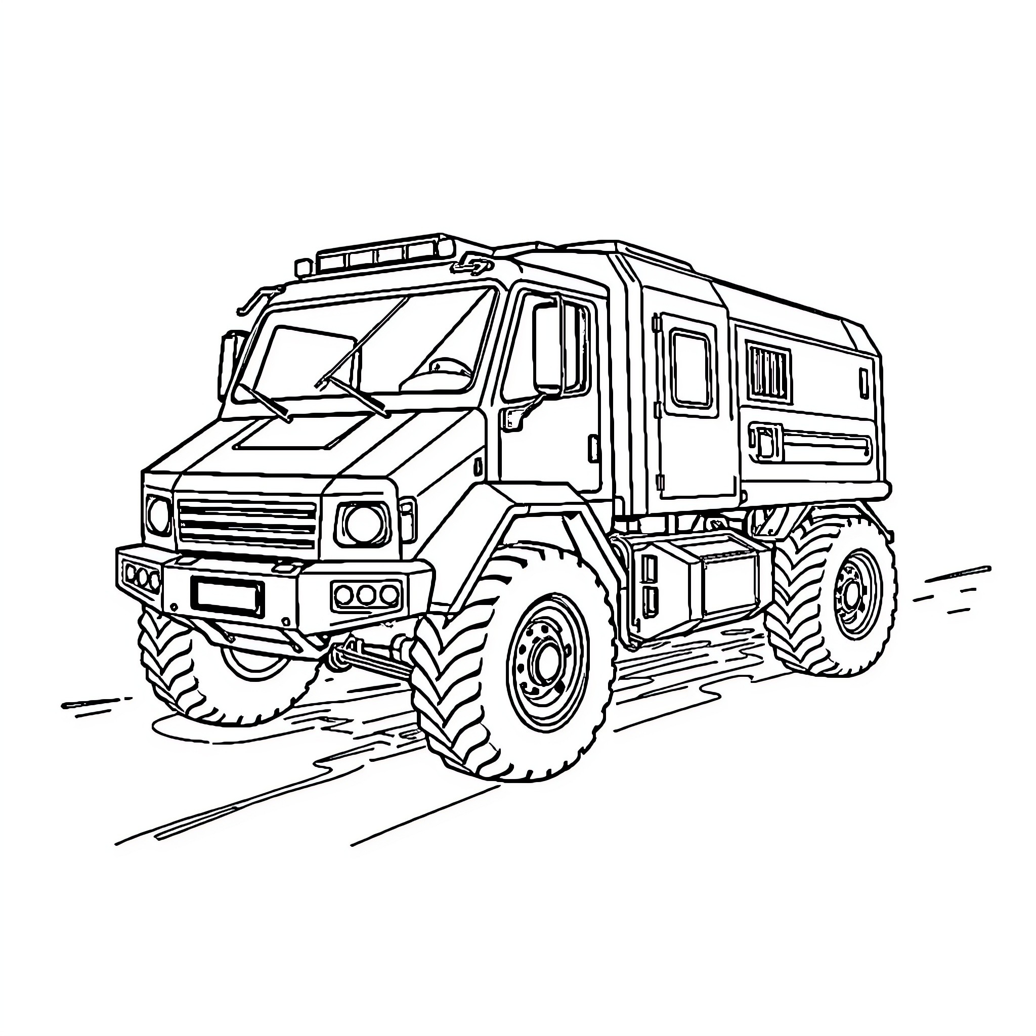 Cybertruck off-road adventure vehicle Coloring Page (free black-and-white line drawing printable PDF for all, from beginners to advanced learners, including children, teens, adults, and seniors)