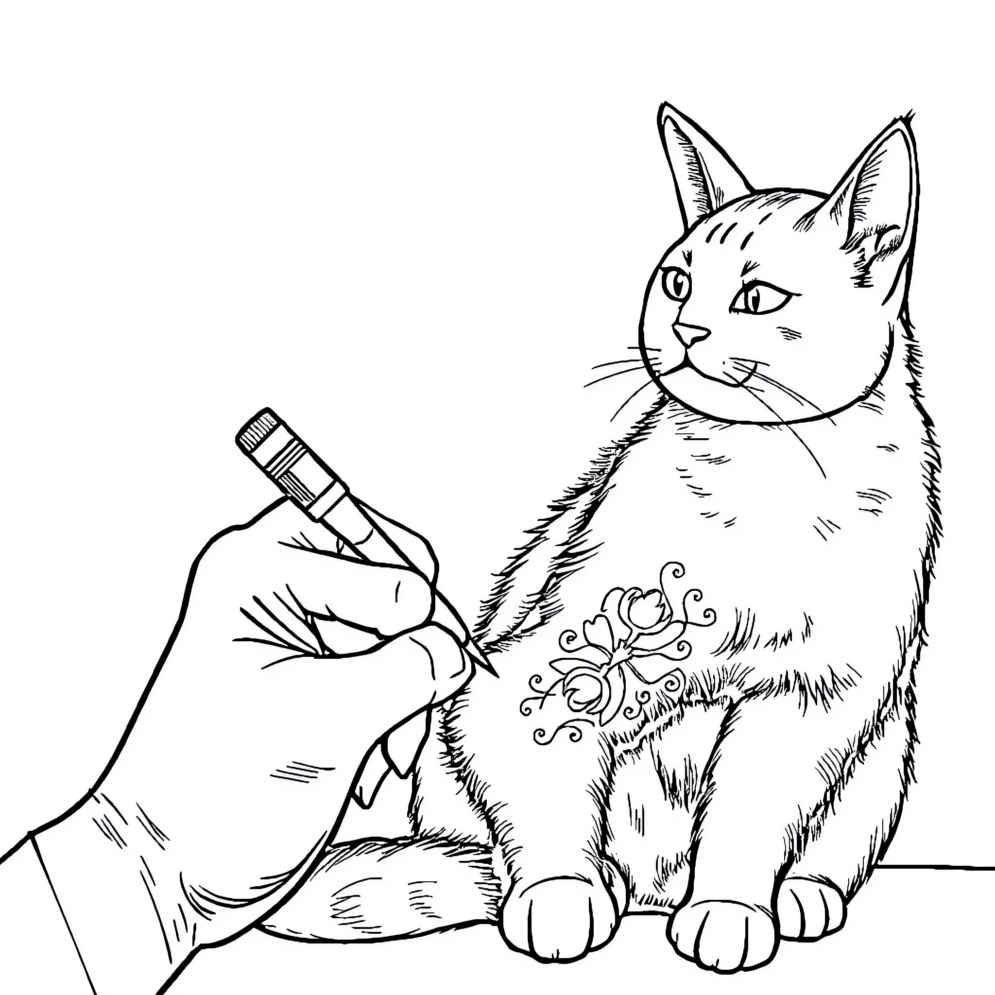 Cat being groomed by human hand Coloring Page (free black-and-white line drawing printable PDF for all, from beginners to advanced learners, including children, teens, adults, and seniors)