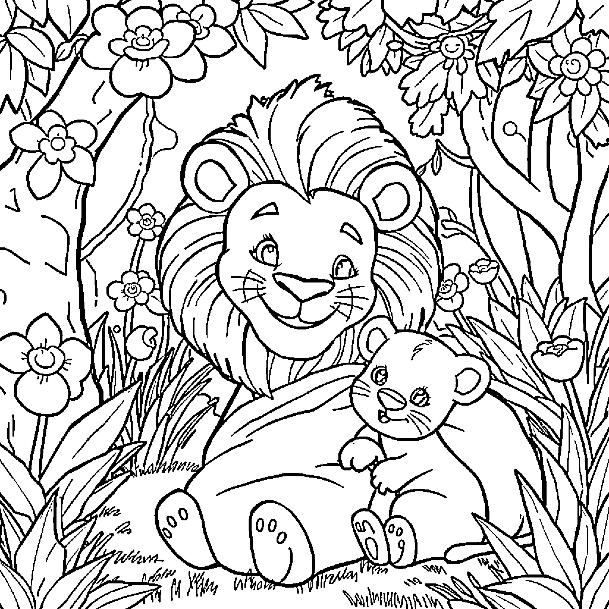 Lion smiling warmly while sitting with a cub Coloring Page (free black-and-white line drawing printable PDF for all, from beginners to advanced learners, including children, teens, adults, and seniors)