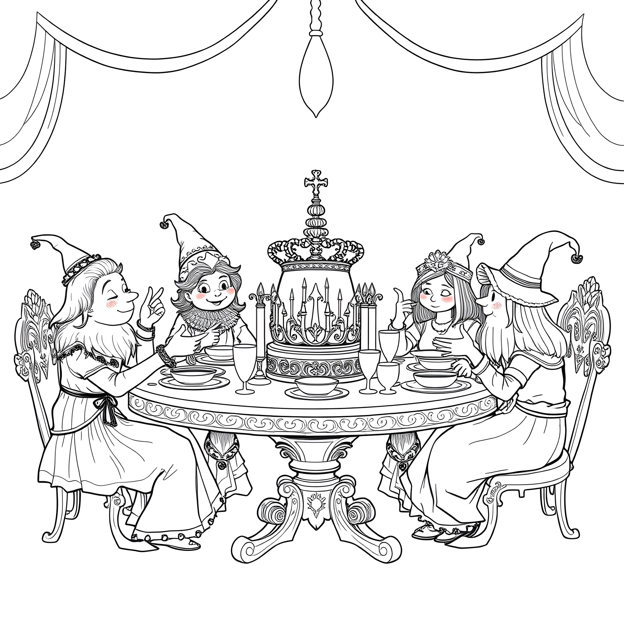 Queen's Formal Dinner with Fantastical Guests Coloring Page (free black-and-white line drawing printable PDF for all, from beginners to advanced learners, including children, teens, adults, and seniors)