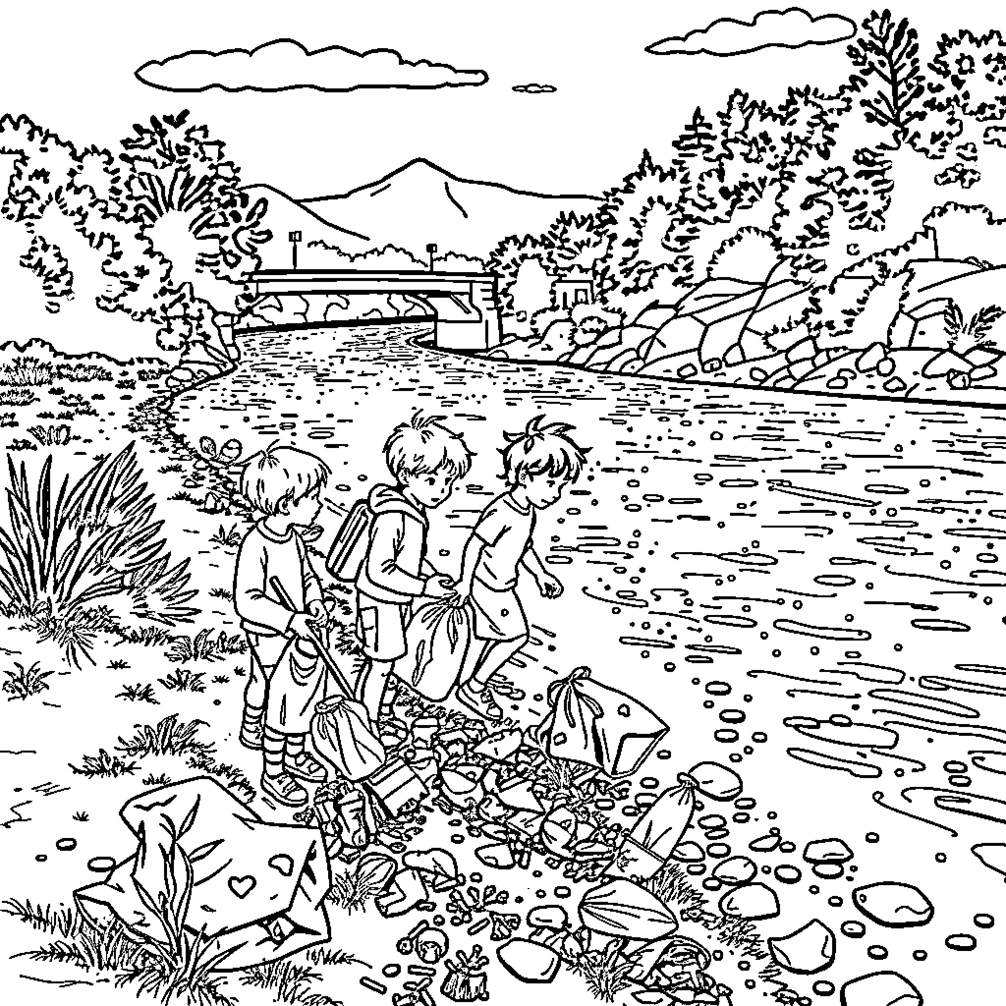 Child exploring nature by a river Coloring Page (free black-and-white line drawing printable PDF for all, from beginners to advanced learners, including children, teens, adults, and seniors)