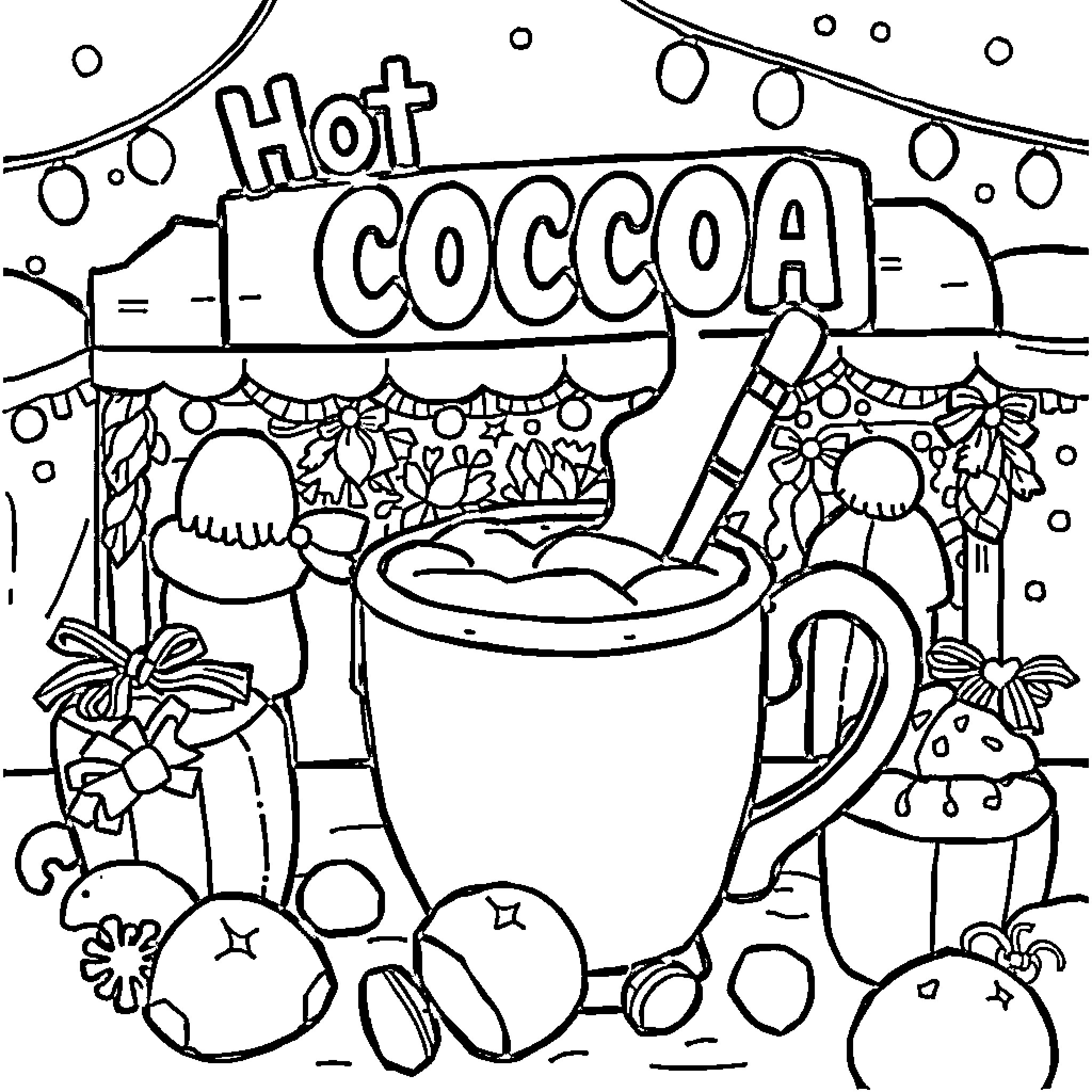 Cocoa and festive winter scene Coloring Page (free black-and-white line drawing printable PDF for all, from beginners to advanced learners, including children, teens, adults, and seniors)