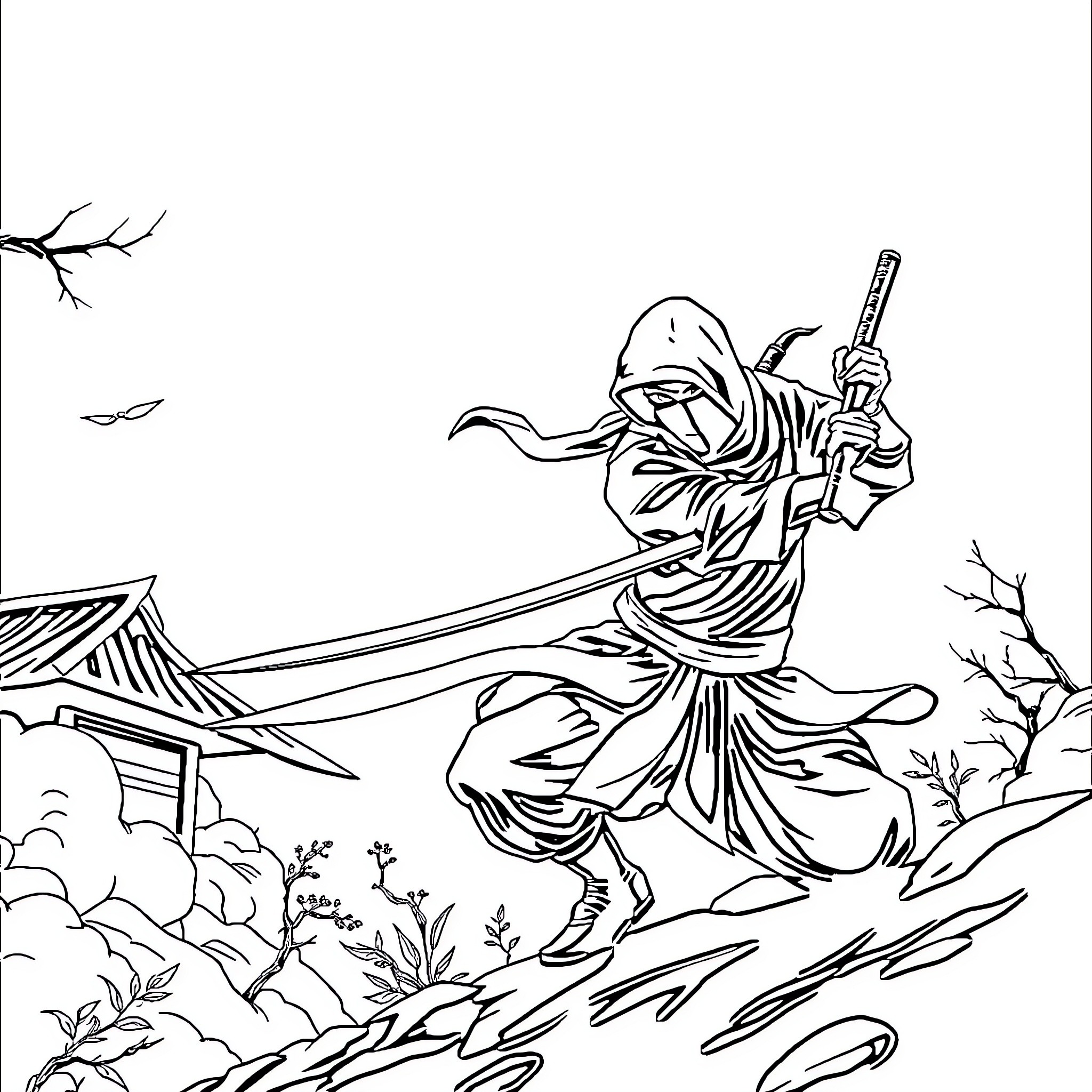 Ninja in dynamic combat pose amid natural scenery Coloring Page (free black-and-white line drawing printable PDF for all, from beginners to advanced learners, including children, teens, adults, and seniors)