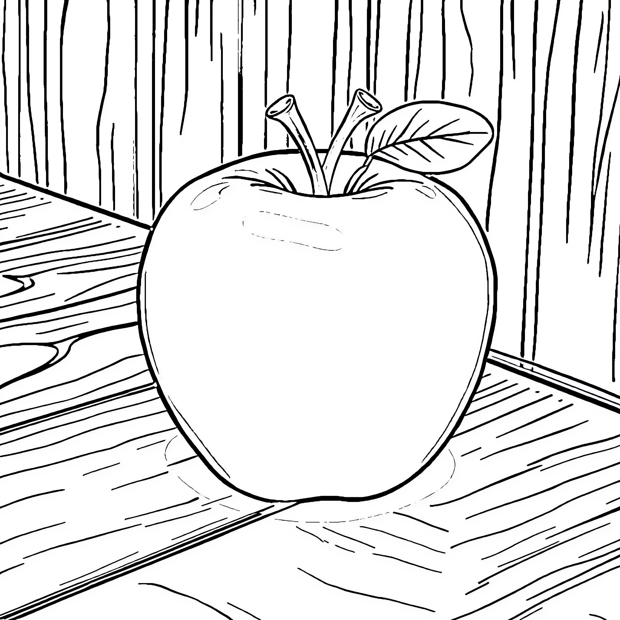 Apple on a wooden surface Coloring Page (free black-and-white line drawing printable PDF for all, from beginners to advanced learners, including children, teens, adults, and seniors)
