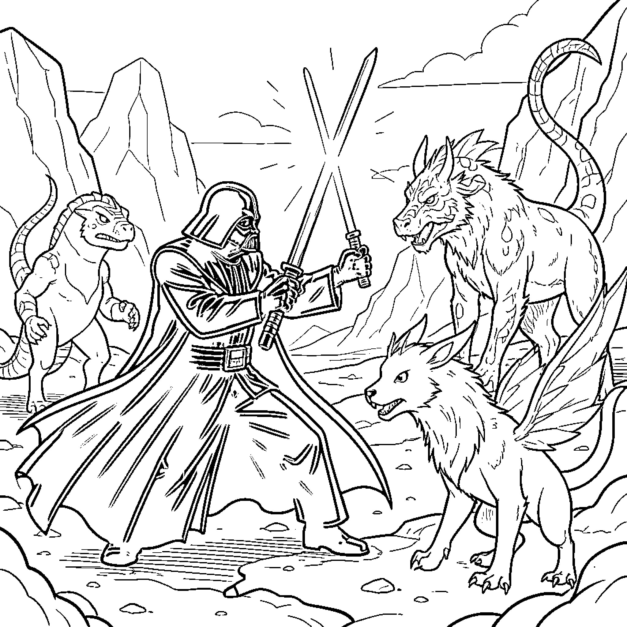Darth Vader wielding double lightsabers against mythical creatures Coloring Page (free black-and-white line drawing printable PDF for all, from beginners to advanced learners, including children, teens, adults, and seniors)