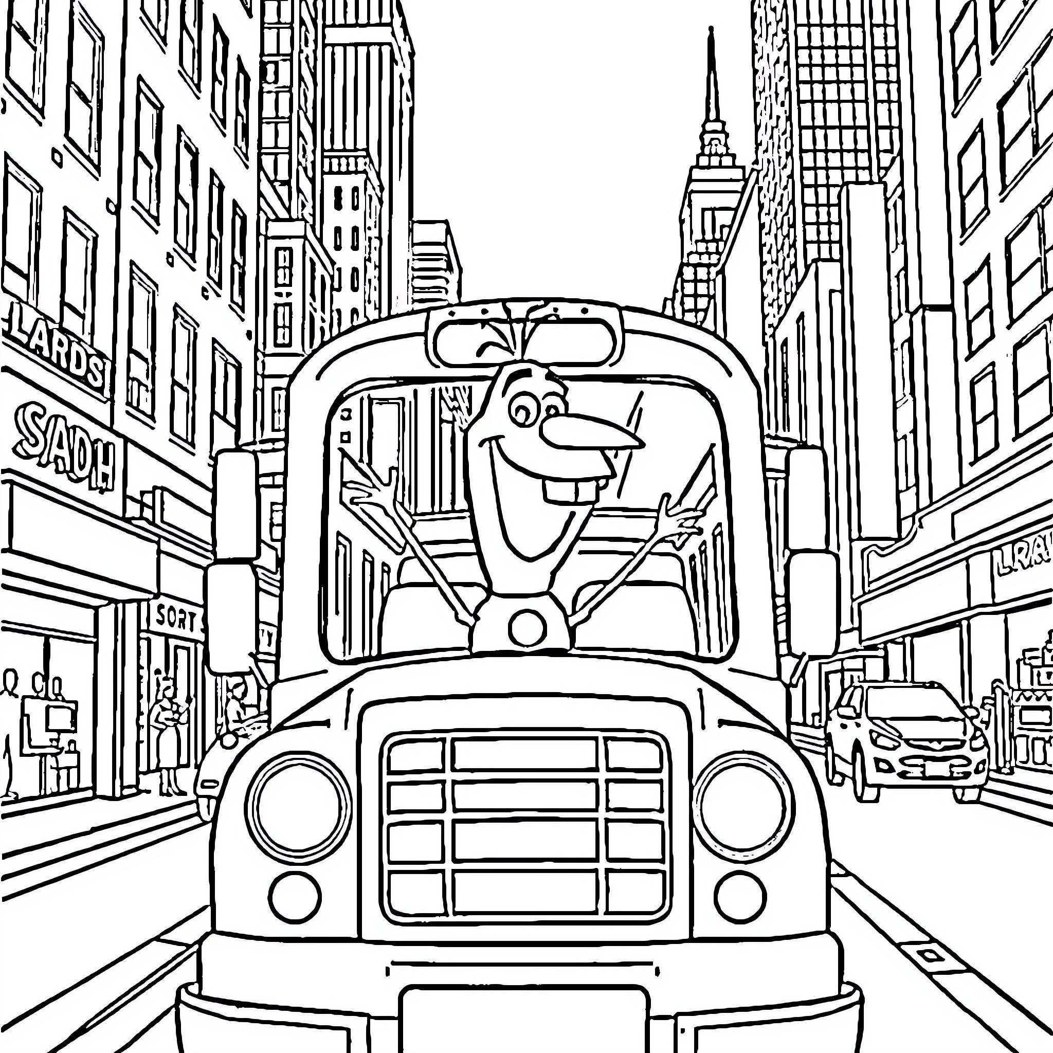 Olaf's Cheerful Ride Through the City Streets Coloring Page (free black-and-white line drawing printable PDF for all, from beginners to advanced learners, including children, teens, adults, and seniors)