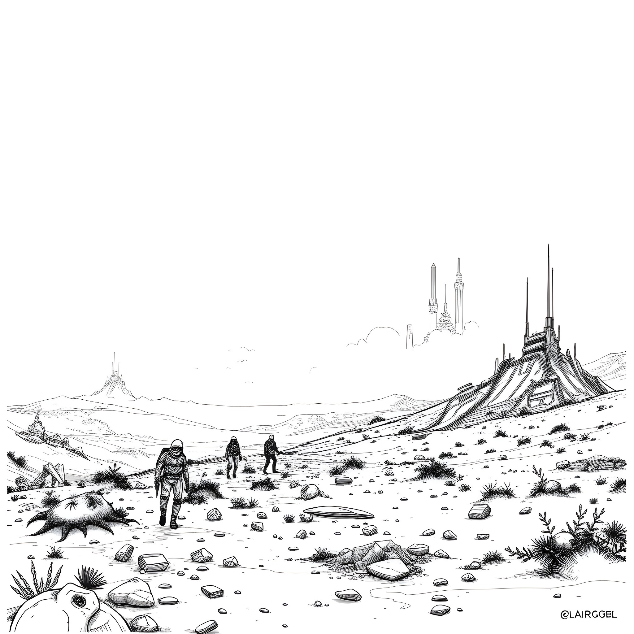 Yoji Shinkawa's Futuristic Sci-Fi Landscape with Explorers Coloring Page (free black-and-white line drawing printable PDF for all, from beginners to advanced learners, including children, teens, adults, and seniors)