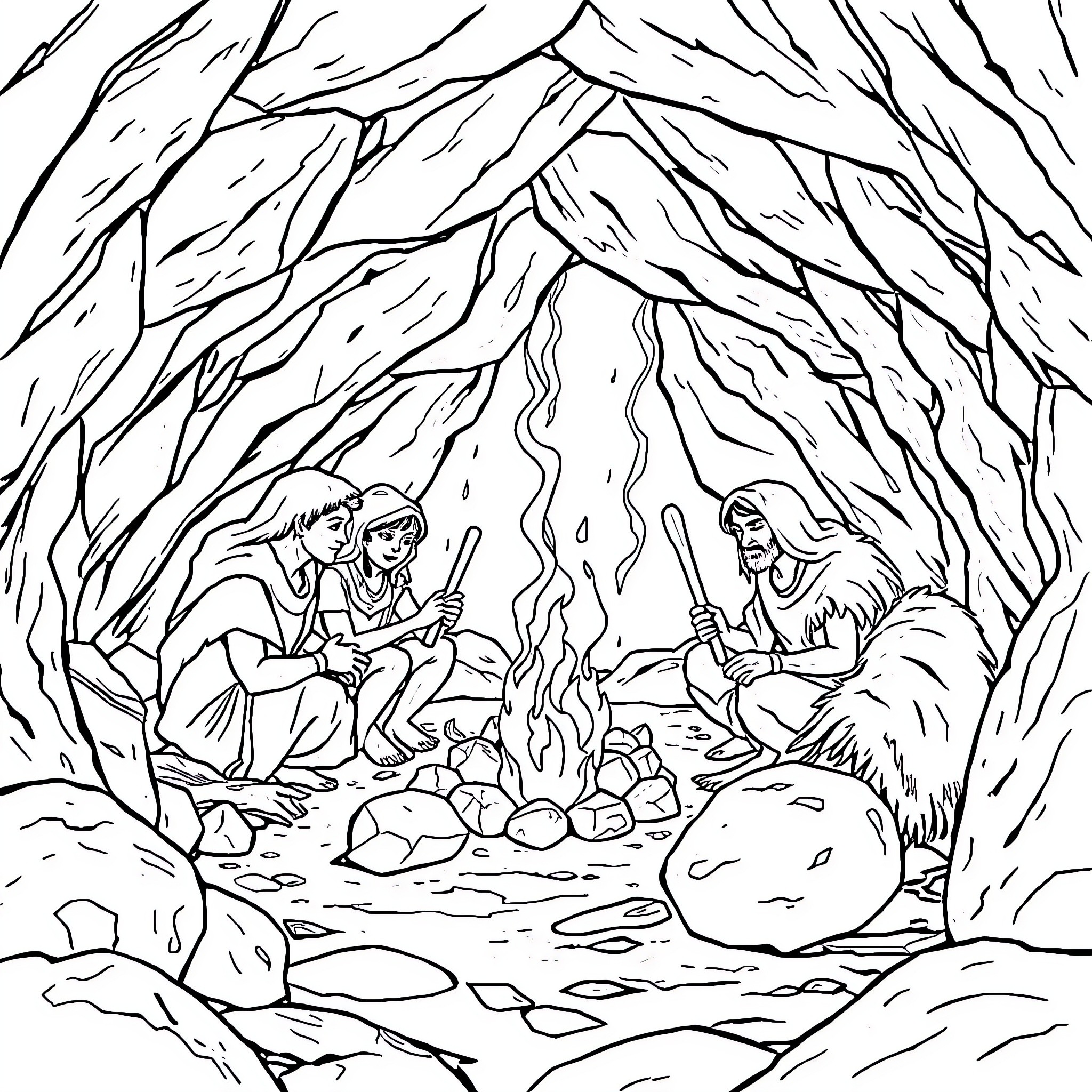 Paleolithic Family Gathering Around Campfire in Cave Coloring Page (free black-and-white line drawing printable PDF for all, from beginners to advanced learners, including children, teens, adults, and seniors)