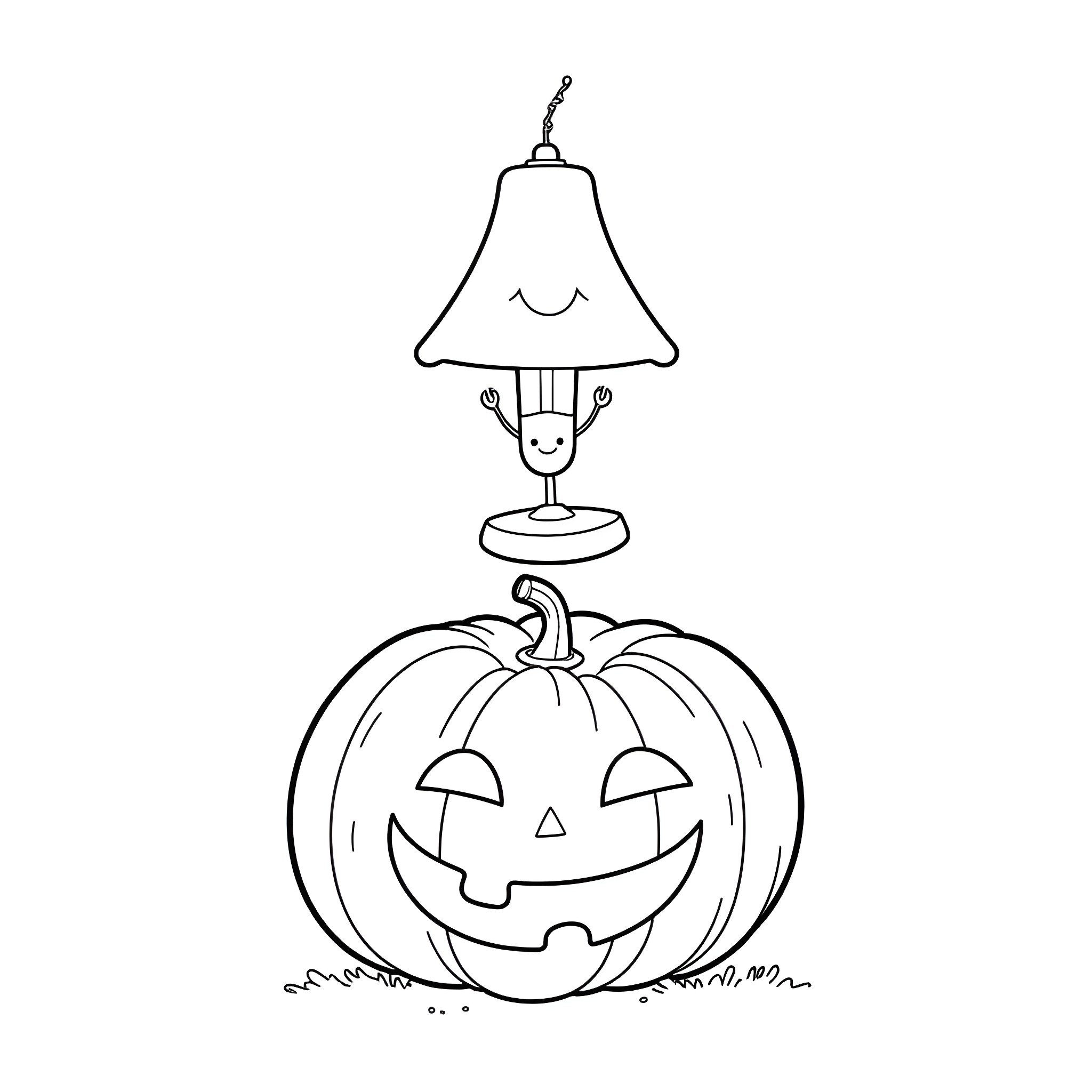 Lamp shining on happy pumpkin Coloring Page (free black-and-white line drawing printable PDF for all, from beginners to advanced learners, including children, teens, adults, and seniors)