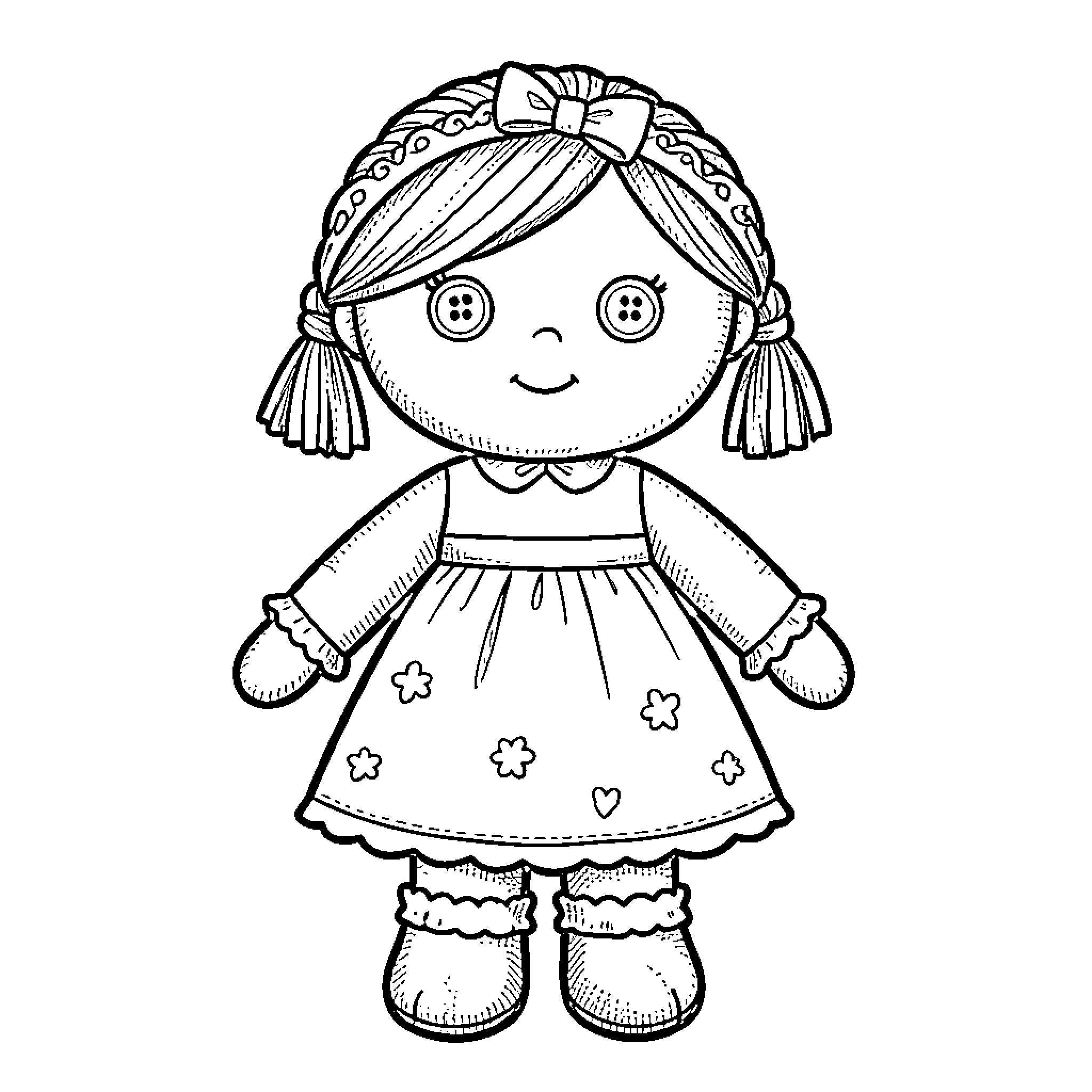 Doll wearing a floral dress and smiling sweetly Coloring Page (free black-and-white line drawing printable PDF for all, from beginners to advanced learners, including children, teens, adults, and seniors)