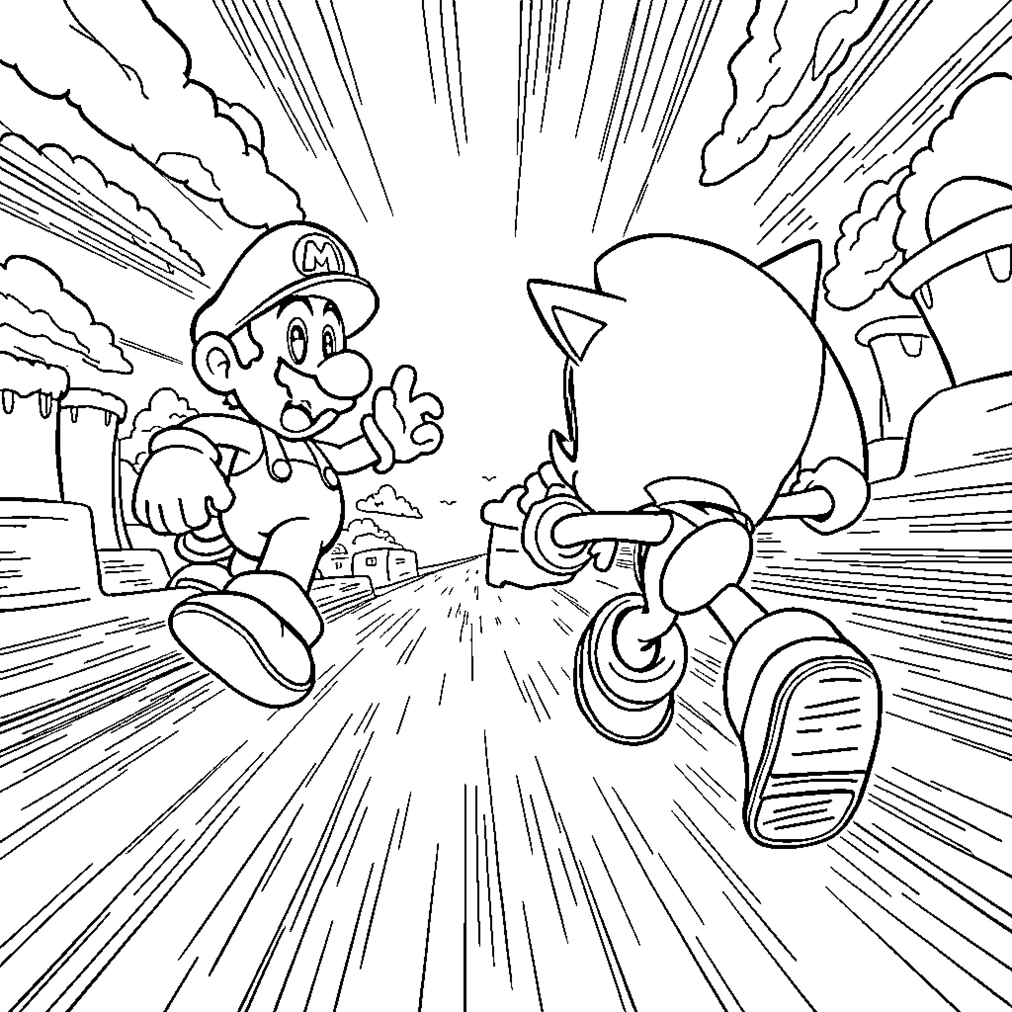 Sonic and Mario in Competitive Pursuit Coloring Page (free black-and-white line drawing printable PDF for all, from beginners to advanced learners, including children, teens, adults, and seniors)