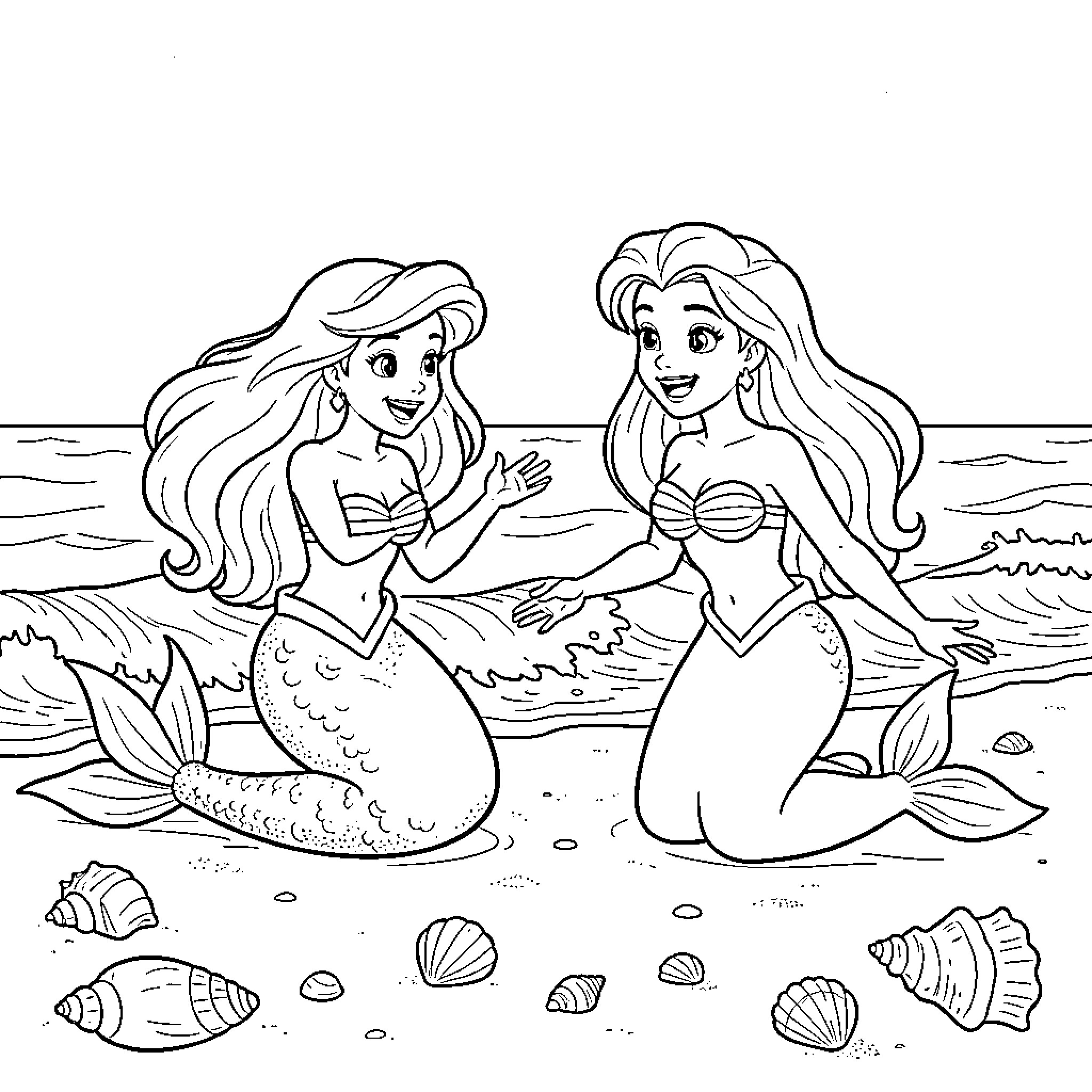 Disney Princess mermaids chatting on a sandy beach Coloring Page (free black-and-white line drawing printable PDF for all, from beginners to advanced learners, including children, teens, adults, and seniors)