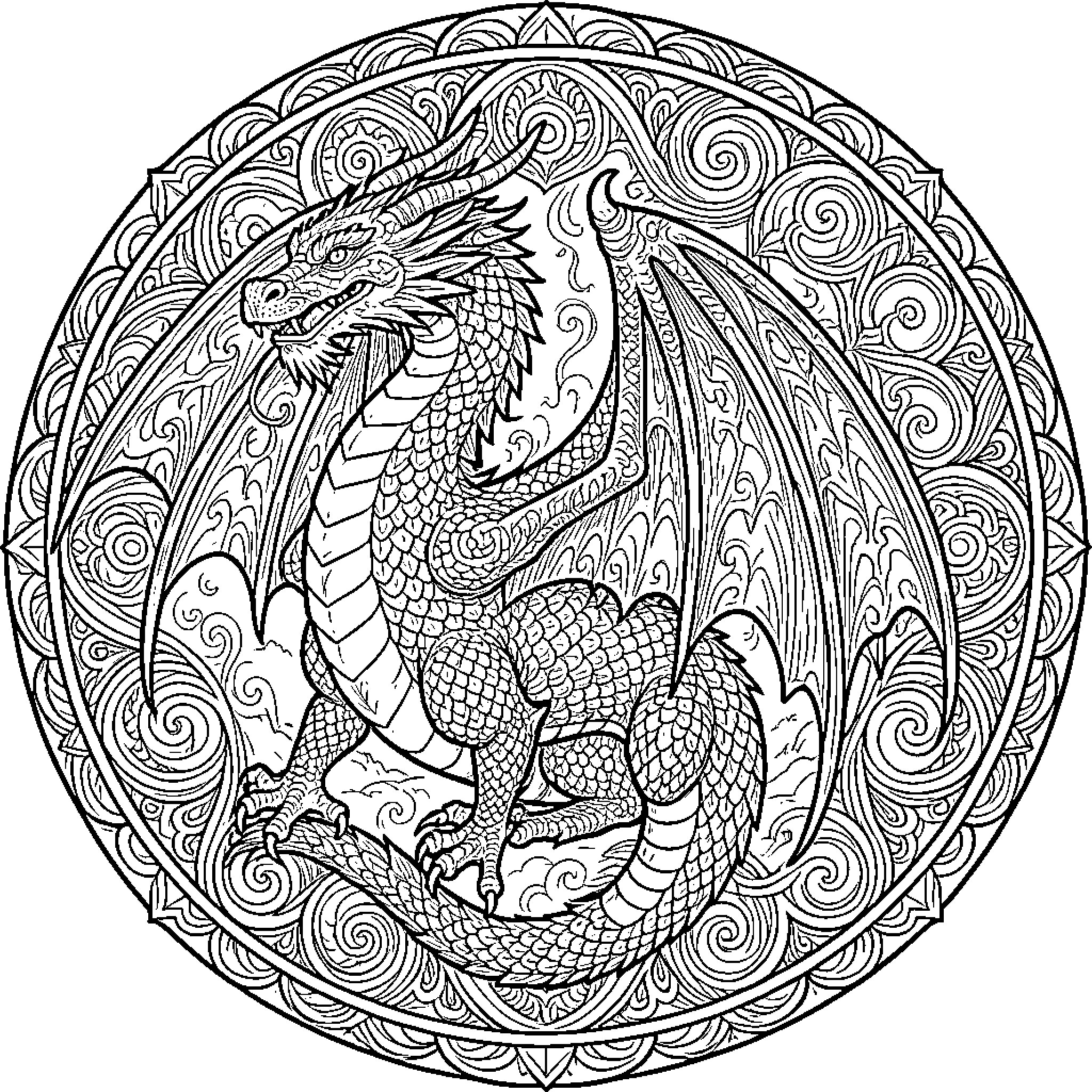 Dragon in ornate mandala-style illustration Coloring Page (free black-and-white line drawing printable PDF for all, from beginners to advanced learners, including children, teens, adults, and seniors)