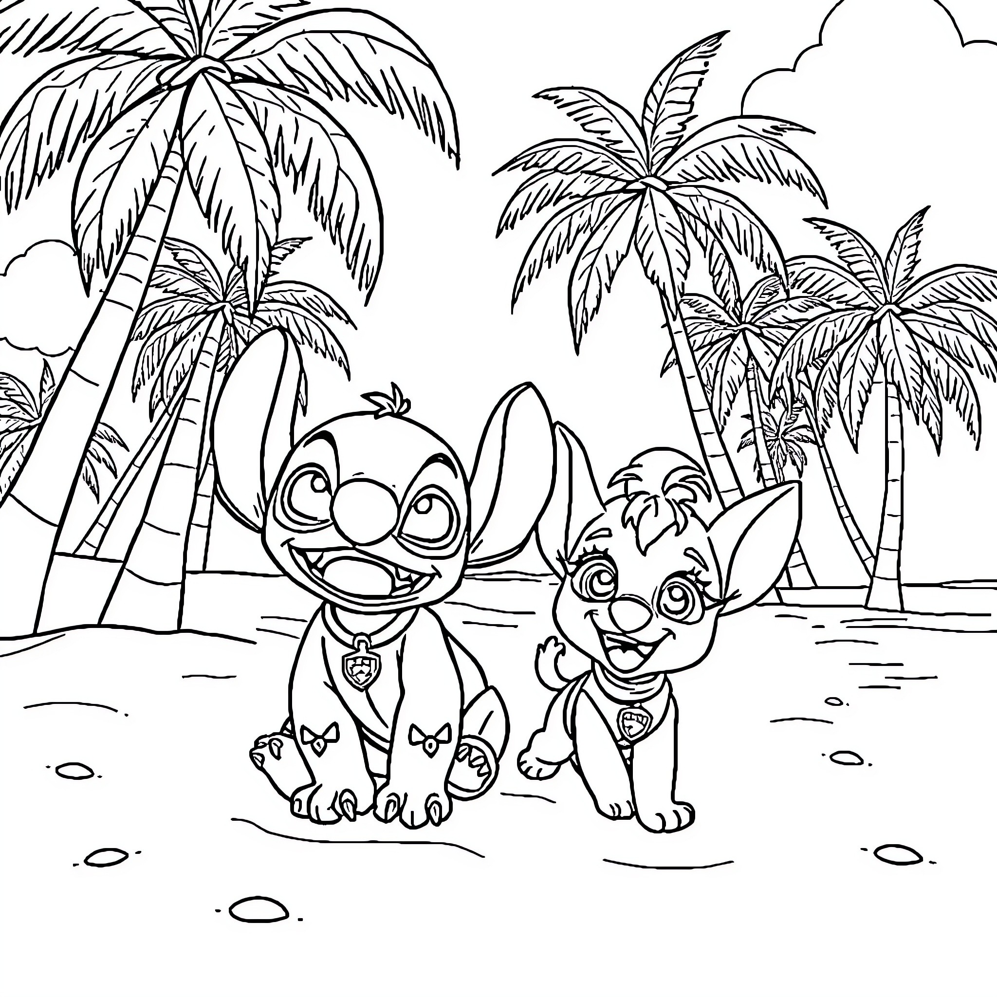 Stitch and Angel's Tropical Adventure Coloring Page (free black-and-white line drawing printable PDF for all, from beginners to advanced learners, including children, teens, adults, and seniors)