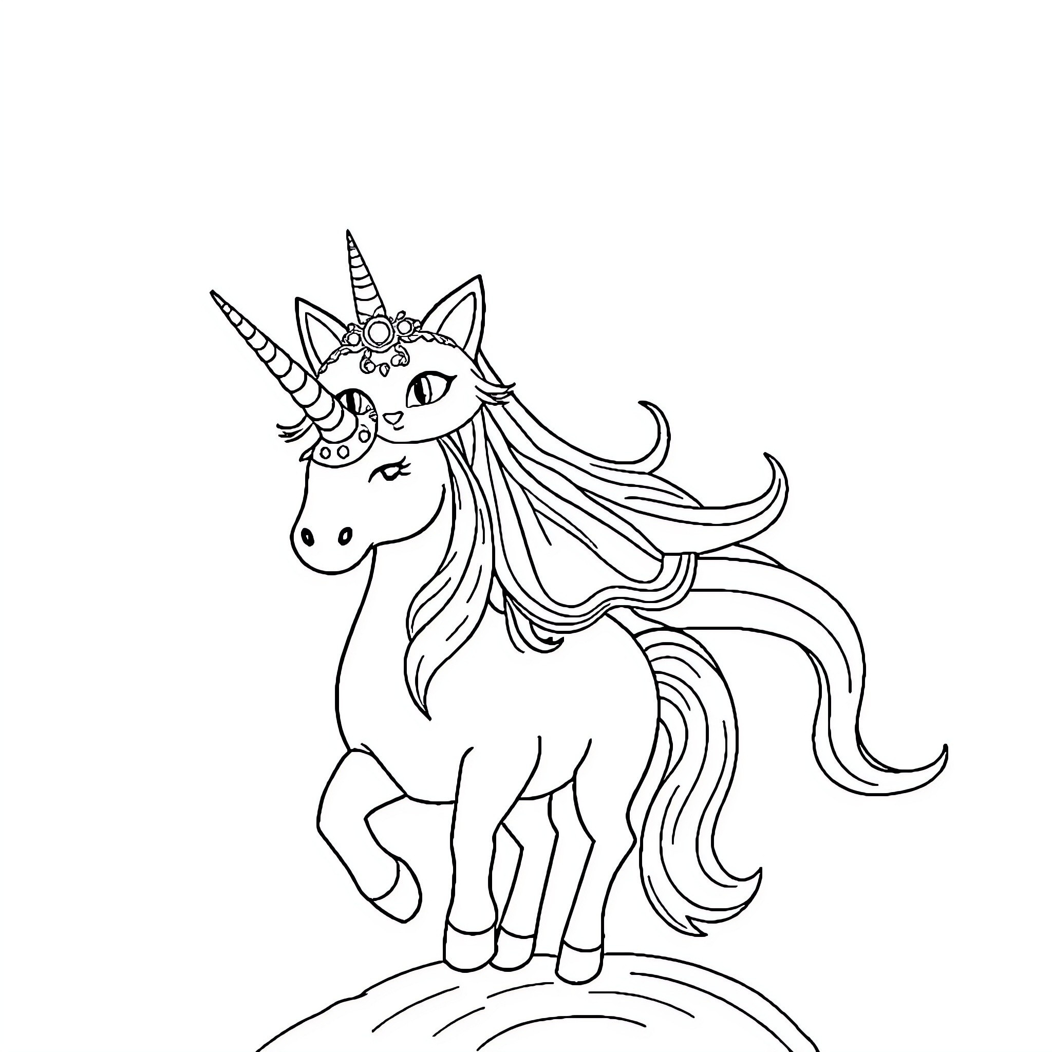 Cat unicorn with flowing mane and horn Coloring Page (free black-and-white line drawing printable PDF for all, from beginners to advanced learners, including children, teens, adults, and seniors)