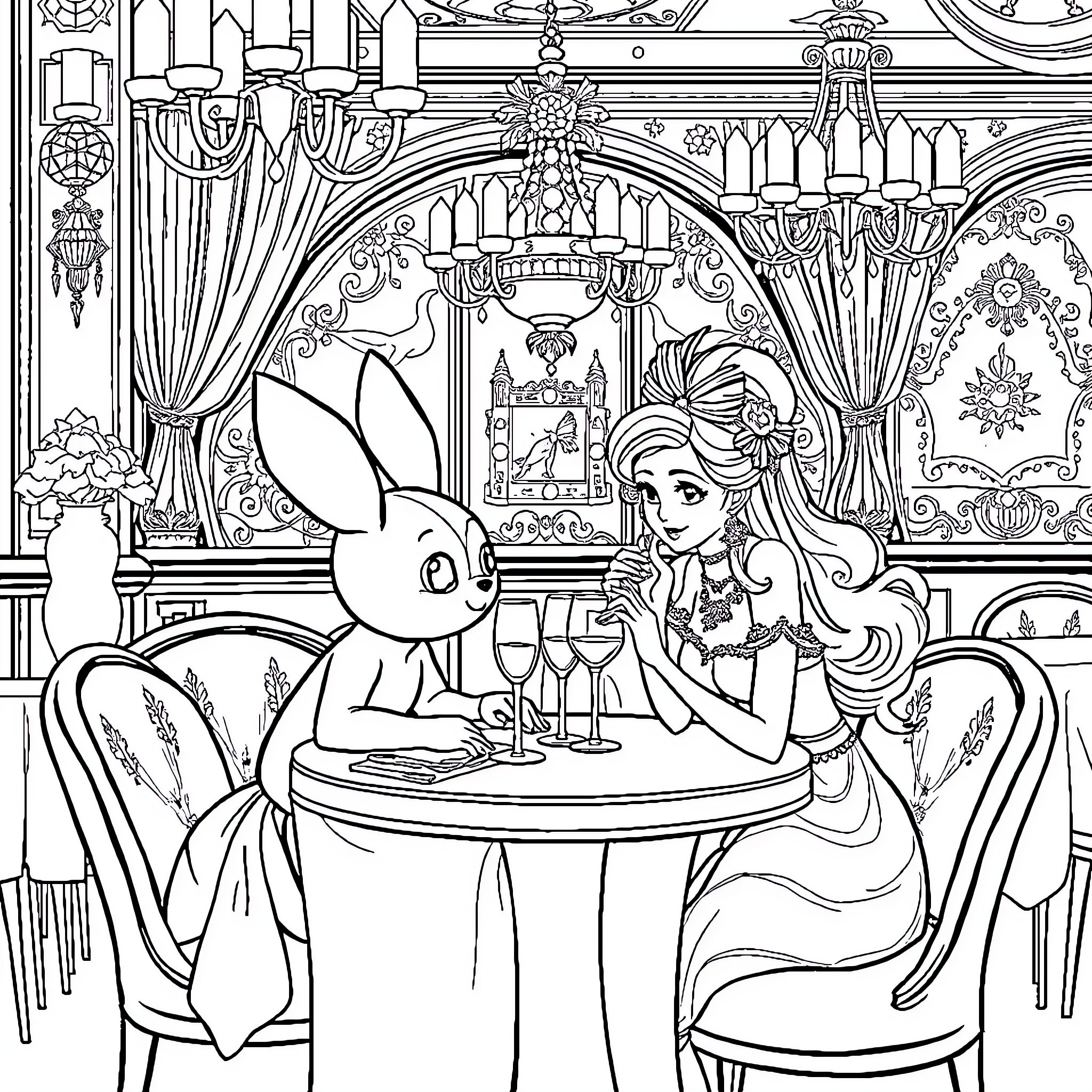 Cinderella enjoying a romantic dinner with her rabbit companion Coloring Page (free black-and-white line drawing printable PDF for all, from beginners to advanced learners, including children, teens, adults, and seniors)