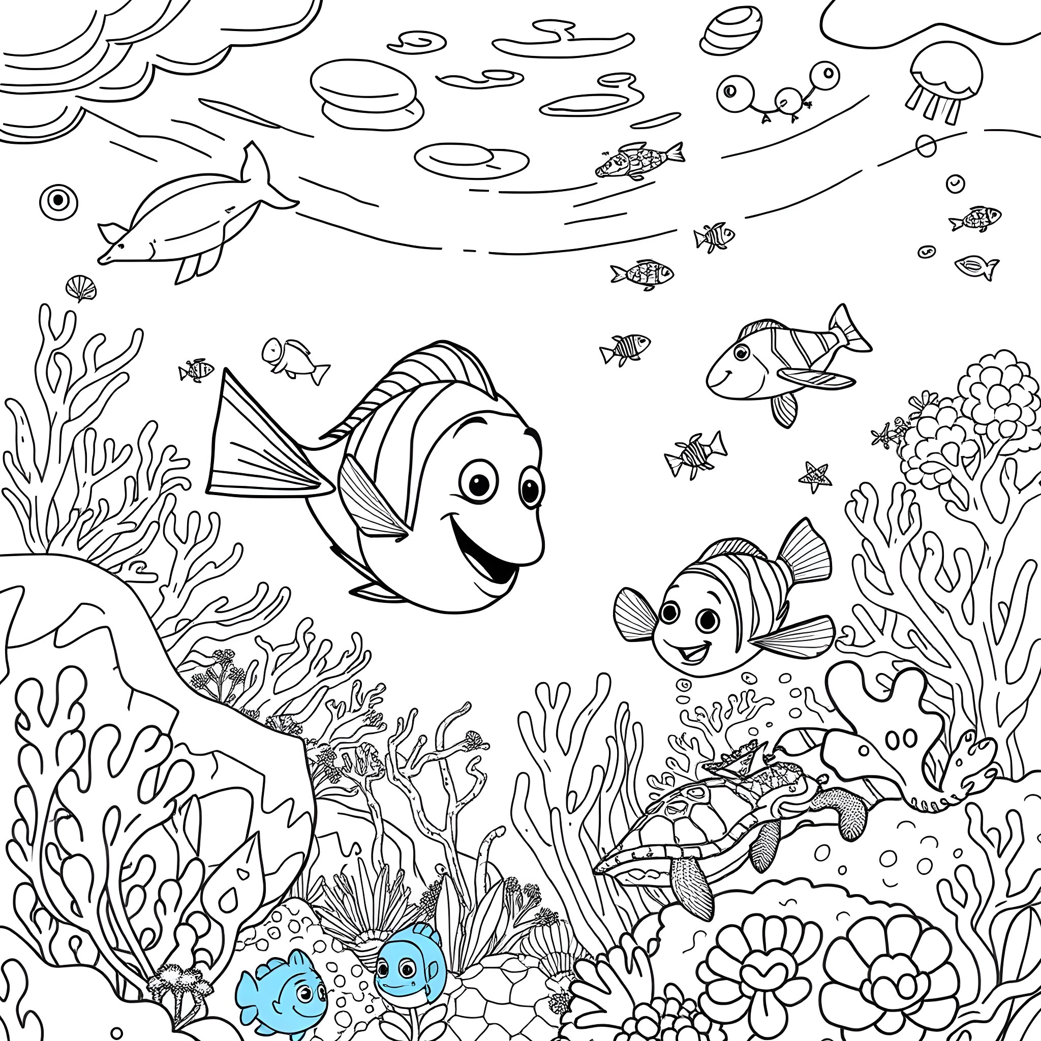 Nemo and Friends Exploring the Underwater Reef Coloring Page (free black-and-white line drawing printable PDF for all, from beginners to advanced learners, including children, teens, adults, and seniors)