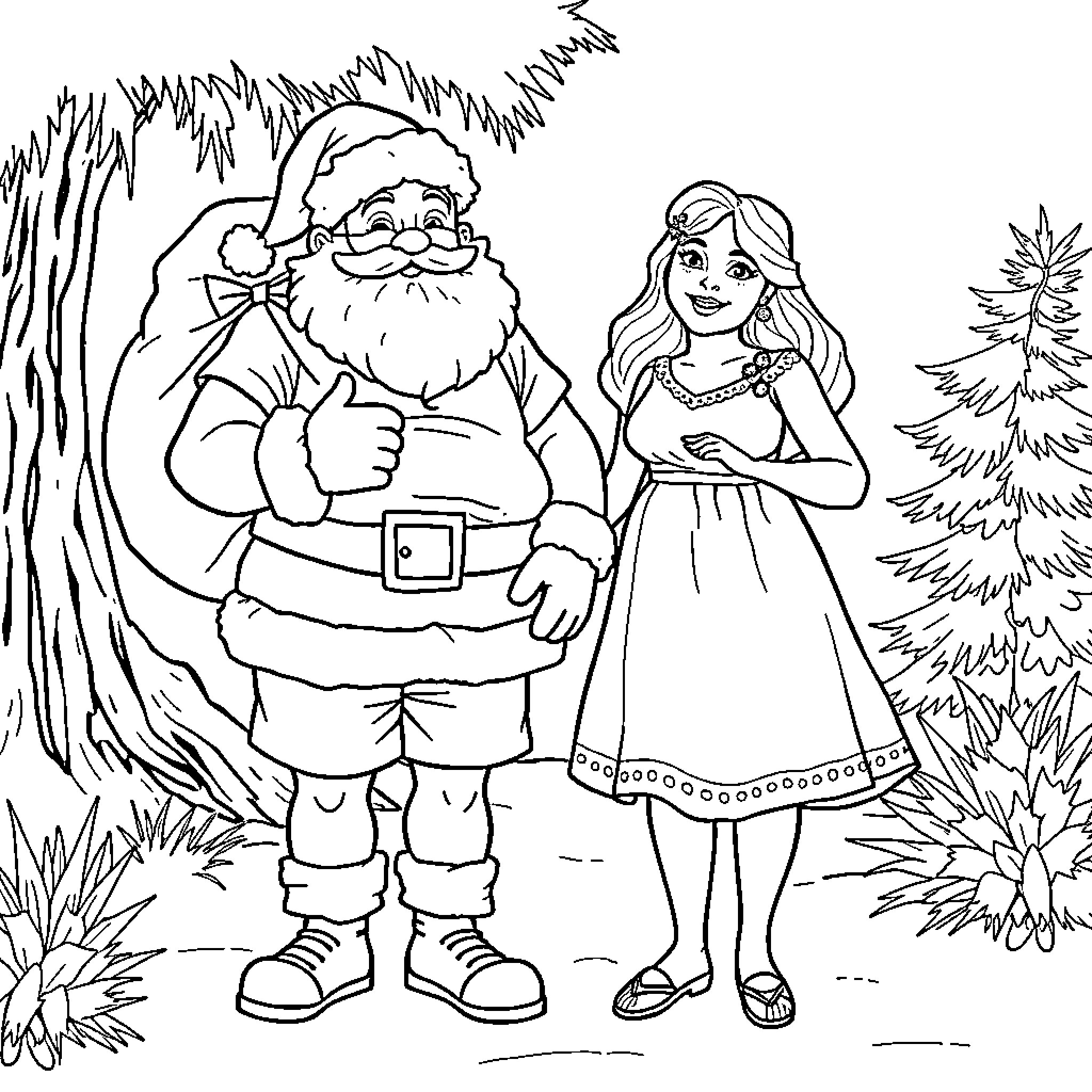 Santa Claus meets with a young woman in the forest Coloring Page (free black-and-white line drawing printable PDF for all, from beginners to advanced learners, including children, teens, adults, and seniors)