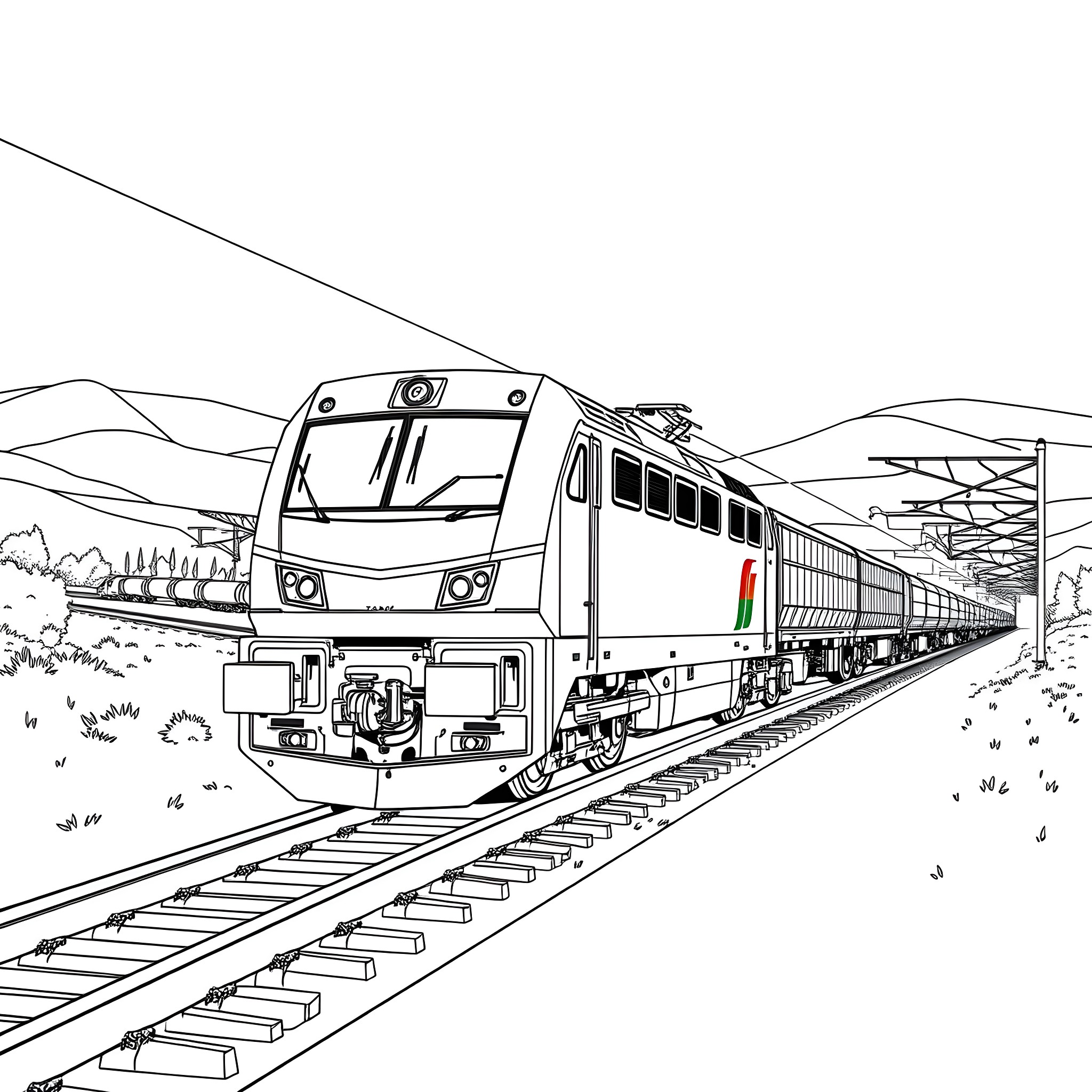 Locomotive Traveling through Scenic Countryside Coloring Page (free black-and-white line drawing printable PDF for all, from beginners to advanced learners, including children, teens, adults, and seniors)