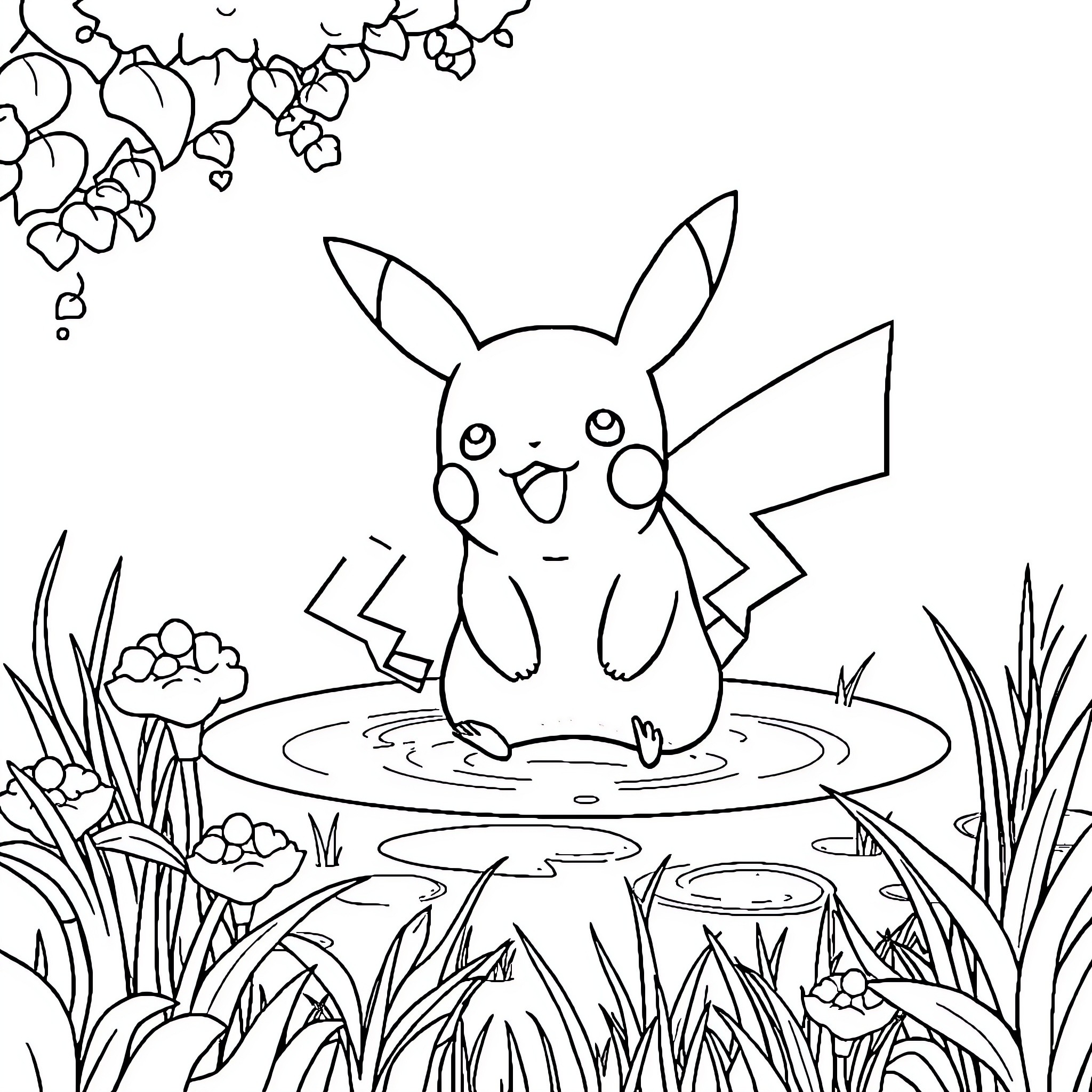 Pikachu splashing happily in the pond Coloring Page (free black-and-white line drawing printable PDF for all, from beginners to advanced learners, including children, teens, adults, and seniors)