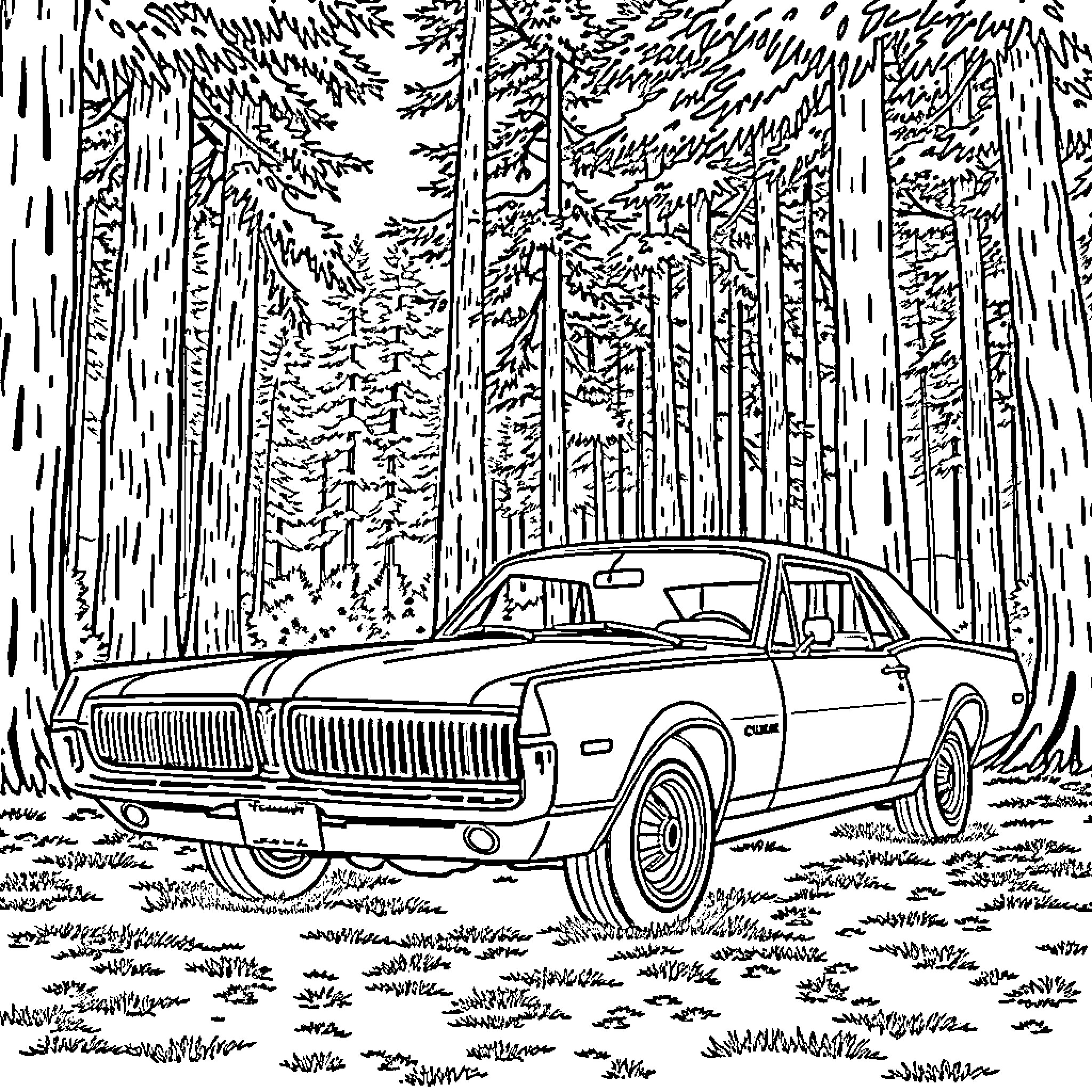 Mercury Cougar in Forested Scene Coloring Page (free black-and-white line drawing printable PDF for all, from beginners to advanced learners, including children, teens, adults, and seniors)
