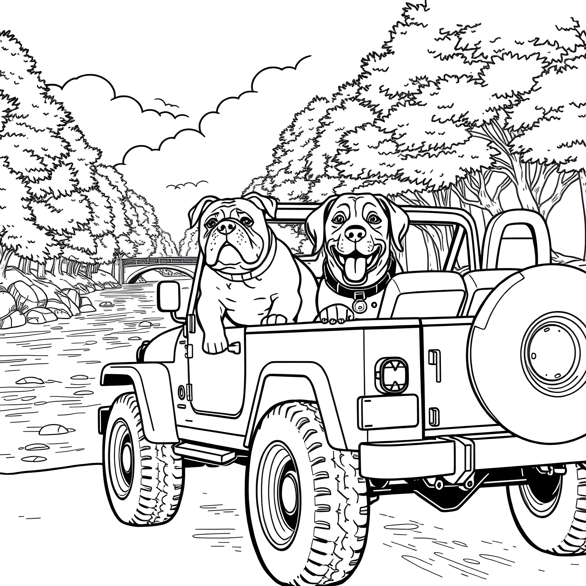 Dogs riding happily in a jeep through the forest Coloring Page (free black-and-white line drawing printable PDF for all, from beginners to advanced learners, including children, teens, adults, and seniors)