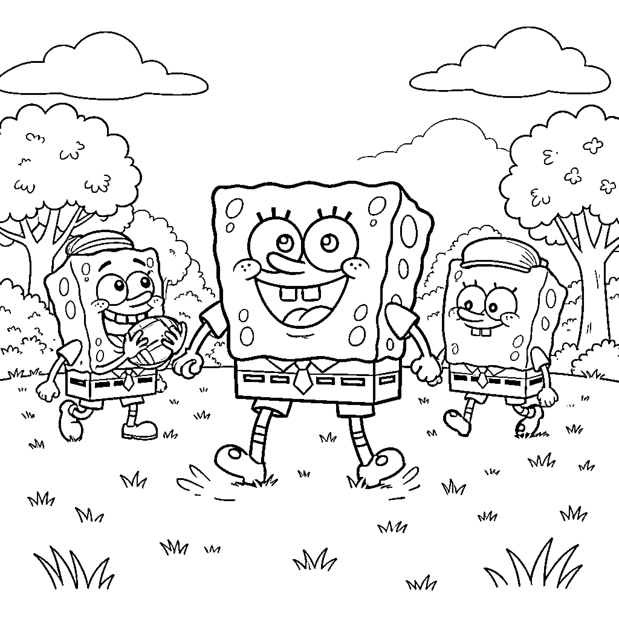 Spongebob walking happily with friends in a park Coloring Page (free black-and-white line drawing printable PDF for all, from beginners to advanced learners, including children, teens, adults, and seniors)