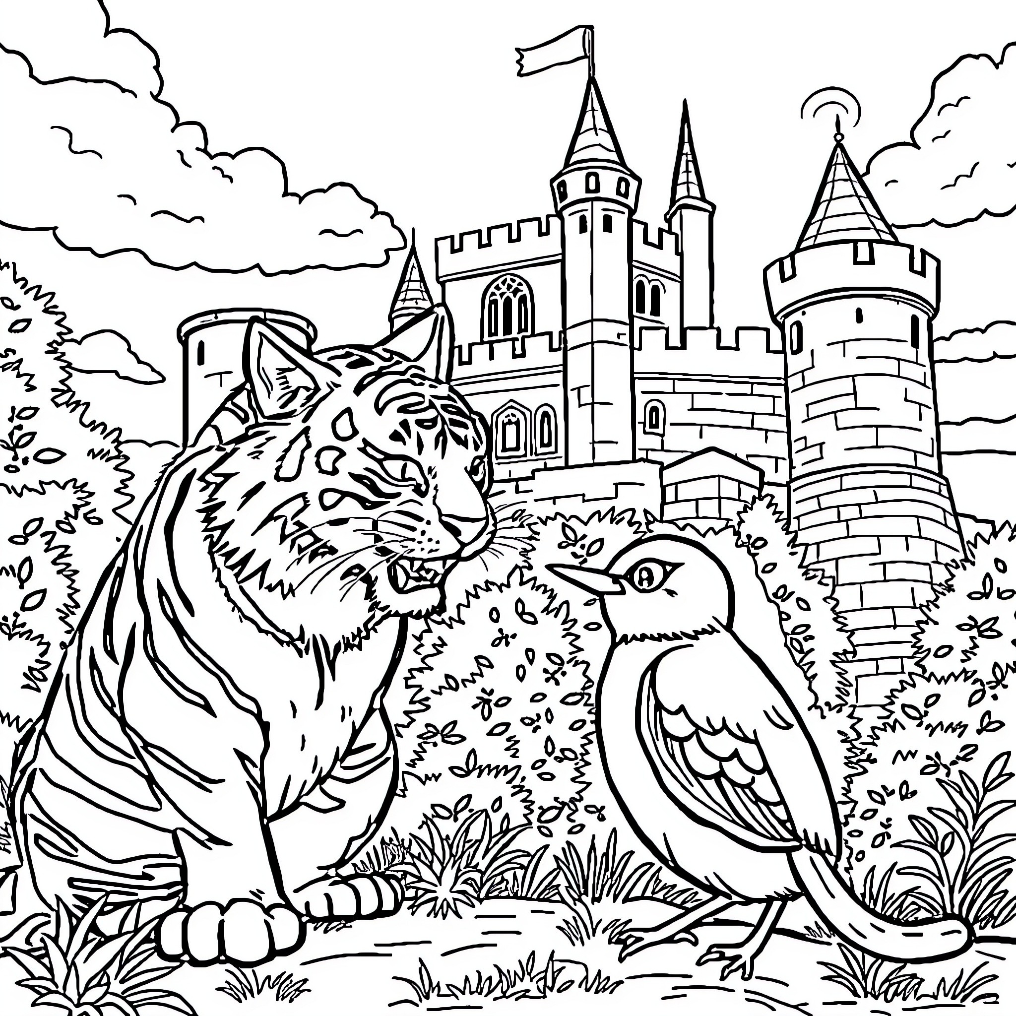 Cat guarding a medieval castle with a bird Coloring Page (free black-and-white line drawing printable PDF for all, from beginners to advanced learners, including children, teens, adults, and seniors)