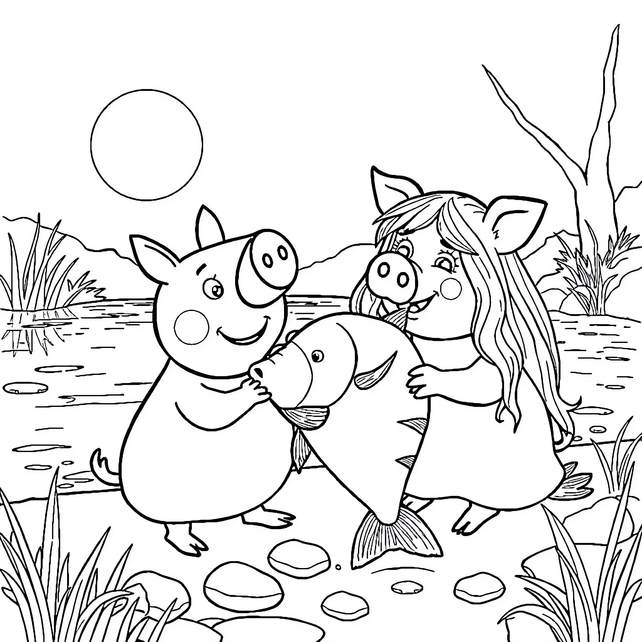 Pigs playing by the pond Coloring Page (free black-and-white line drawing printable PDF for all, from beginners to advanced learners, including children, teens, adults, and seniors)