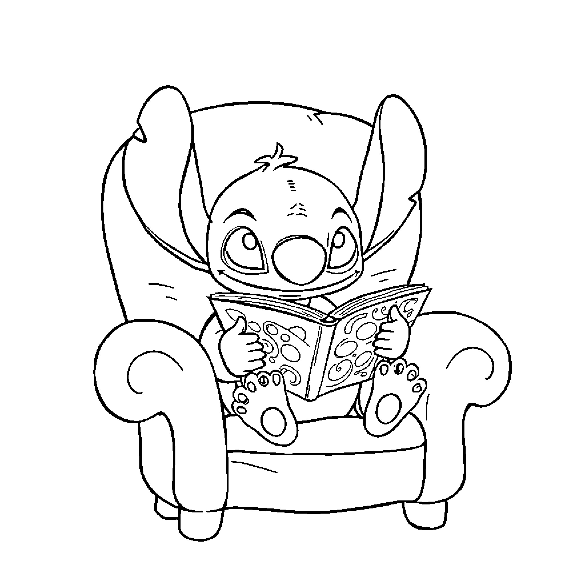 Stitch reading a book in a chair Coloring Page (free black-and-white line drawing printable PDF for all, from beginners to advanced learners, including children, teens, adults, and seniors)
