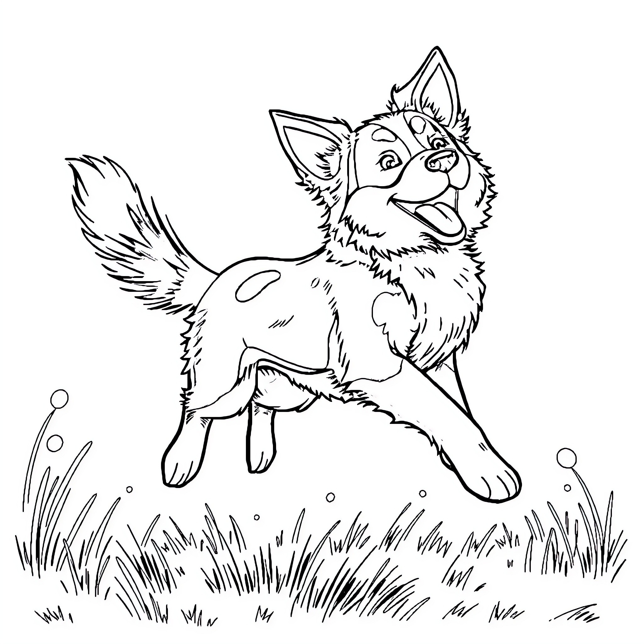 Dog Frolicking Playfully in Grassy Field Coloring Page (free black-and-white line drawing printable PDF for all, from beginners to advanced learners, including children, teens, adults, and seniors)