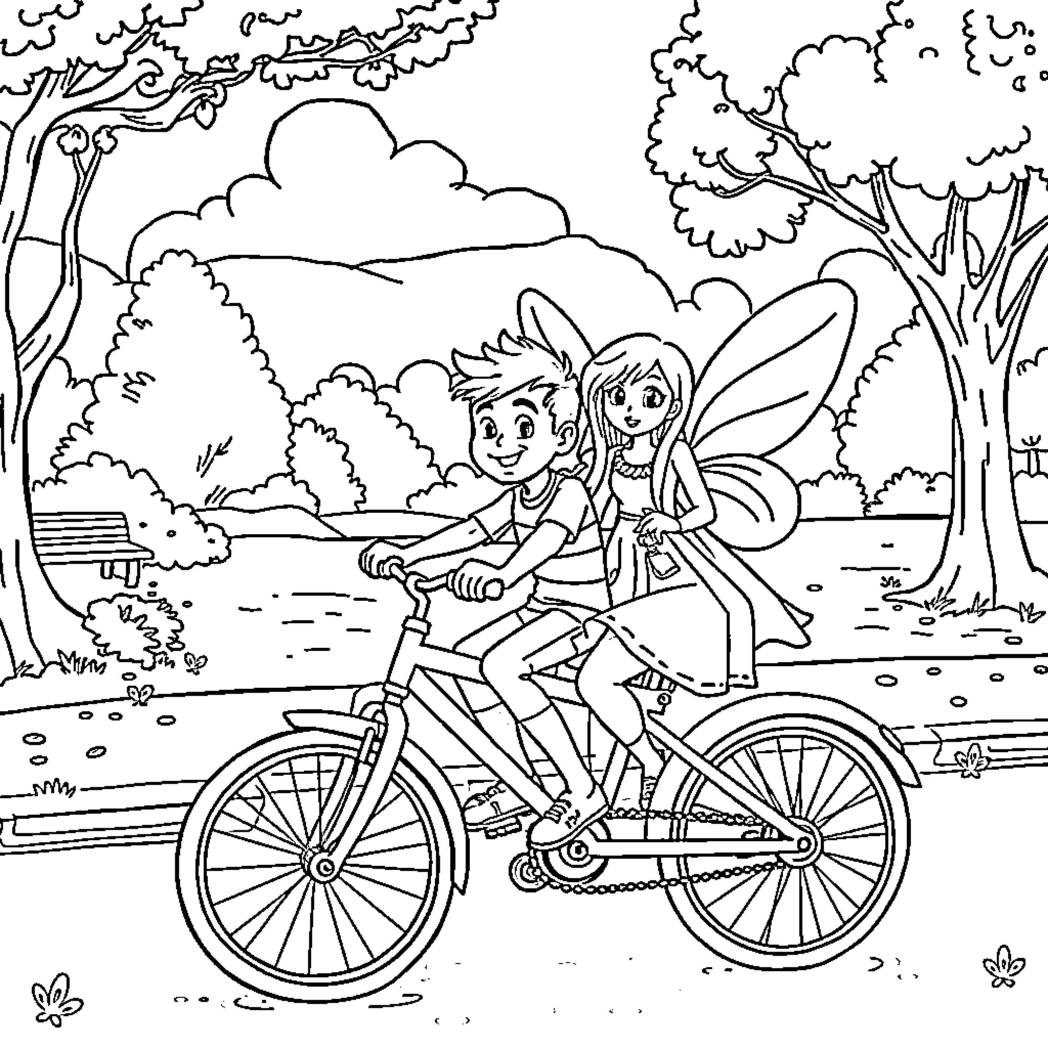 Fairly Odd Parents on a Bicycle Adventure Coloring Page (free black-and-white line drawing printable PDF for all, from beginners to advanced learners, including children, teens, adults, and seniors)