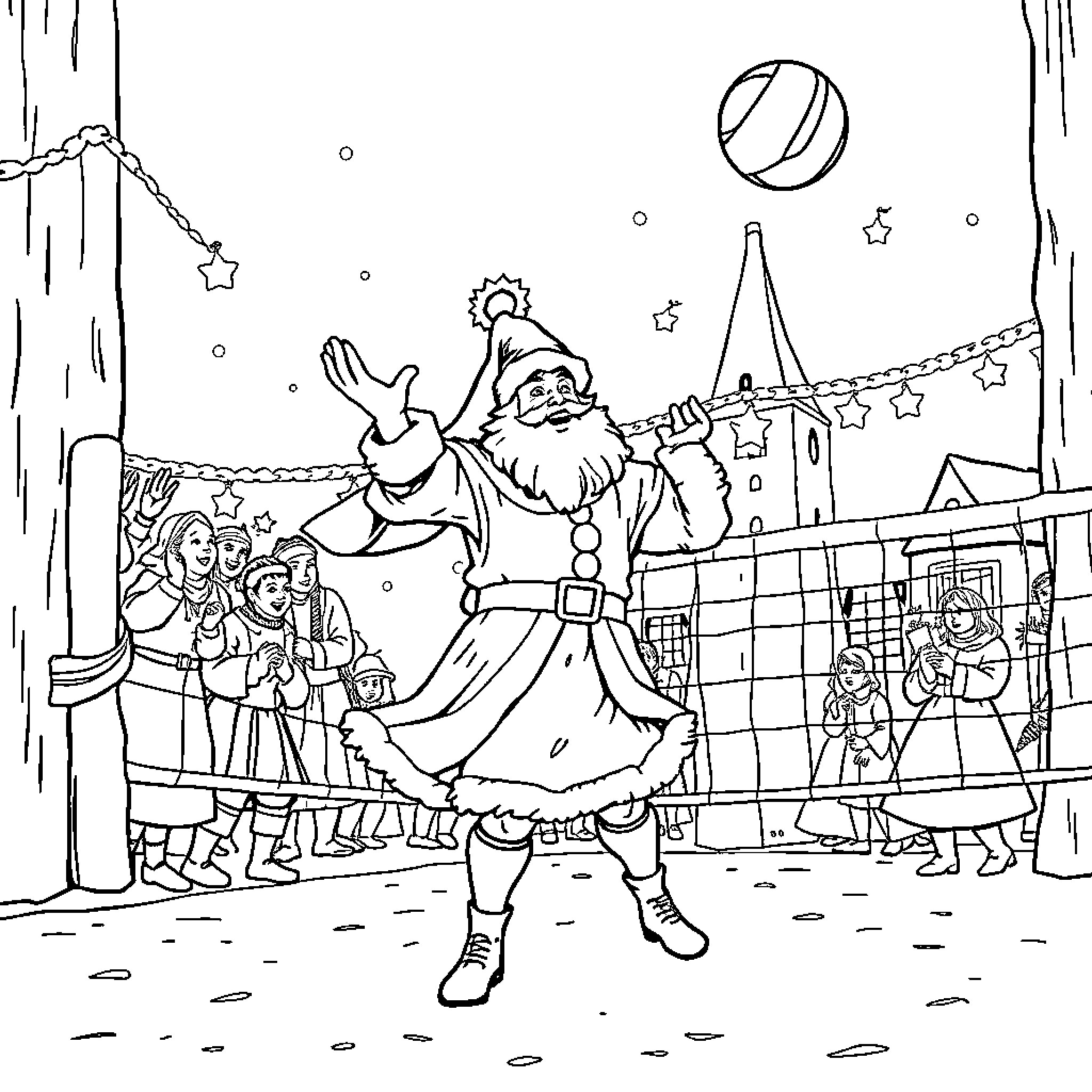 Sinterklaas celebrating with children in a festive scene Coloring Page (free black-and-white line drawing printable PDF for all, from beginners to advanced learners, including children, teens, adults, and seniors)
