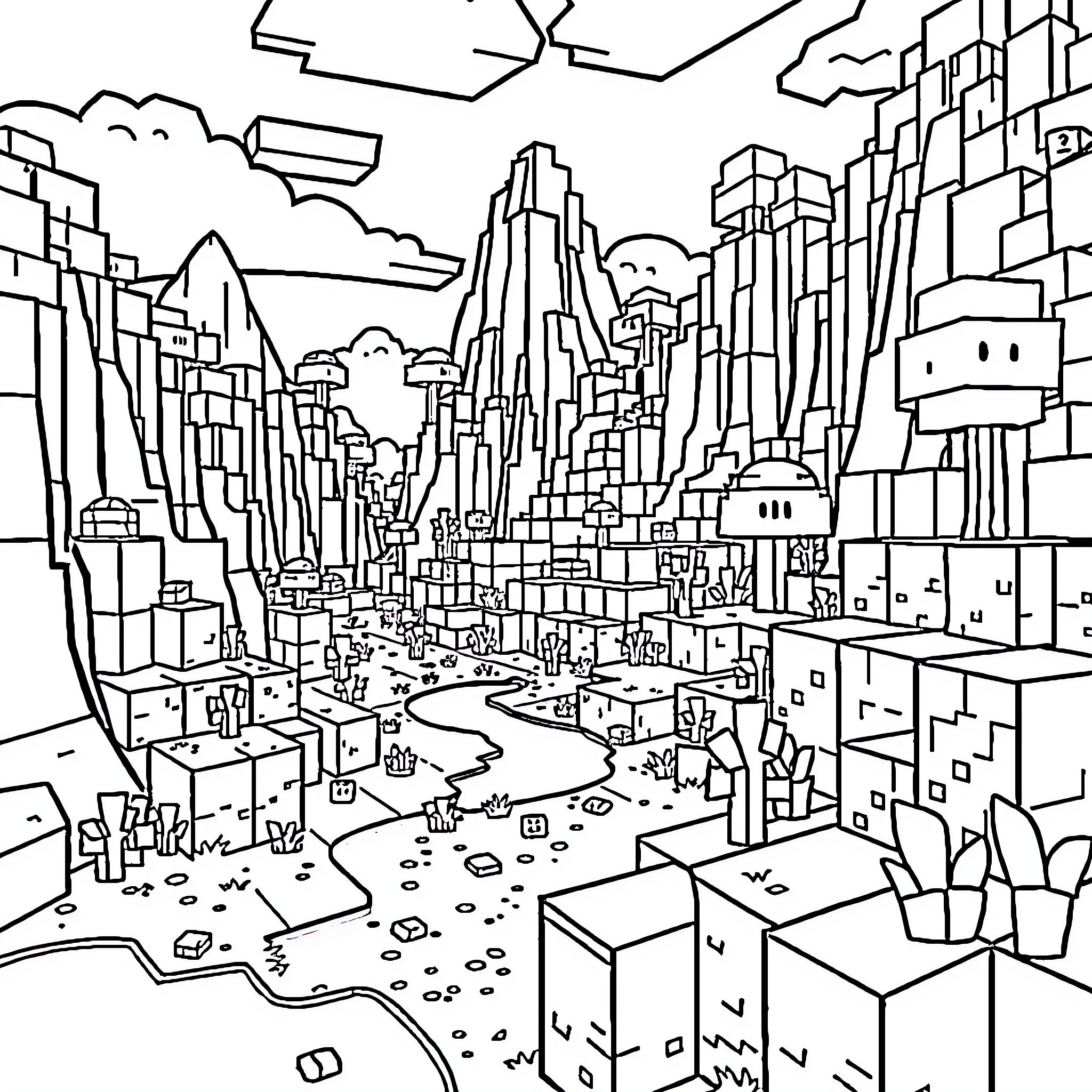 Minecraft Cityscape with Unique Architectural Designs Coloring Page (free black-and-white line drawing printable PDF for all, from beginners to advanced learners, including children, teens, adults, and seniors)