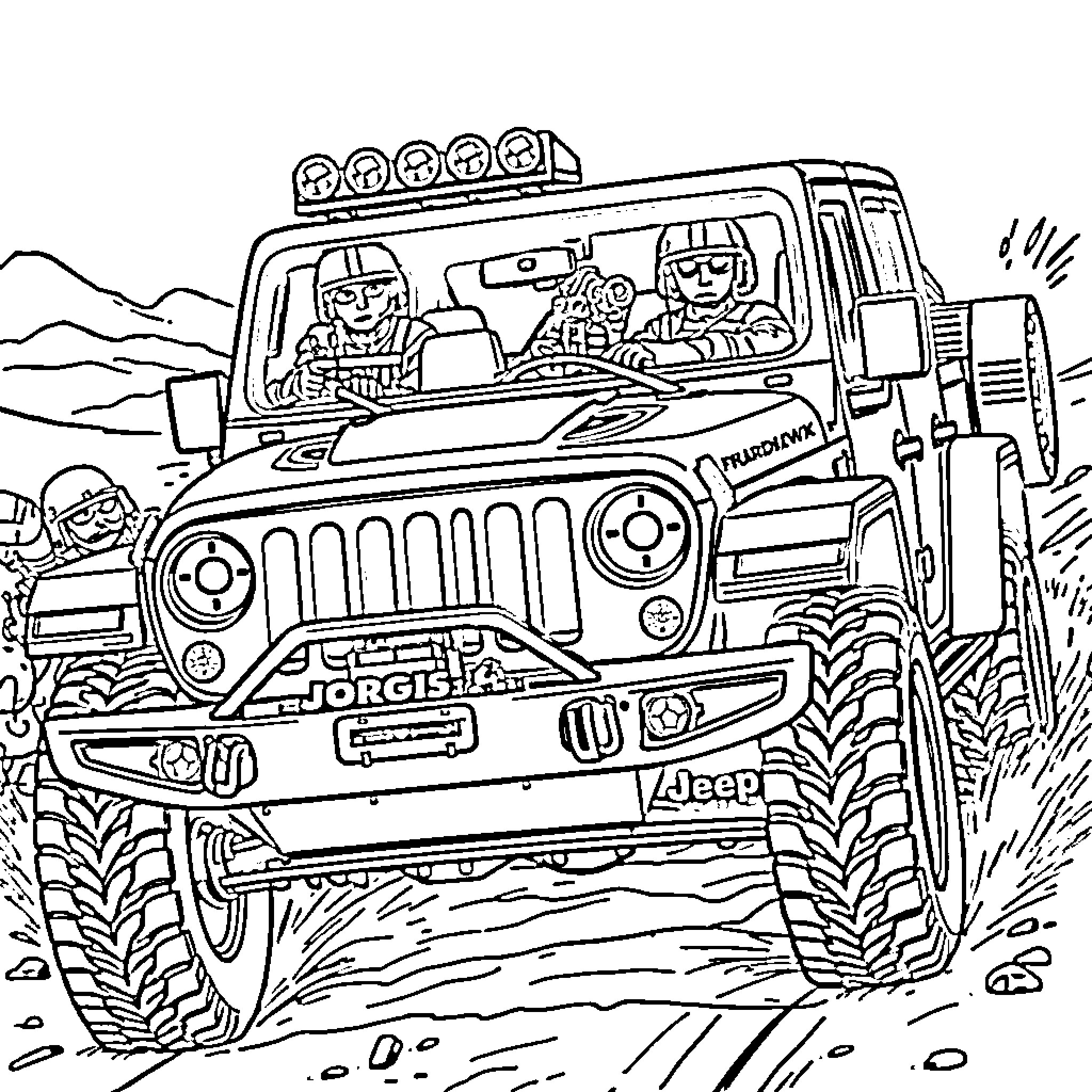 Special Forces Tactical Vehicle in Action Coloring Page (free black-and-white line drawing printable PDF for all, from beginners to advanced learners, including children, teens, adults, and seniors)