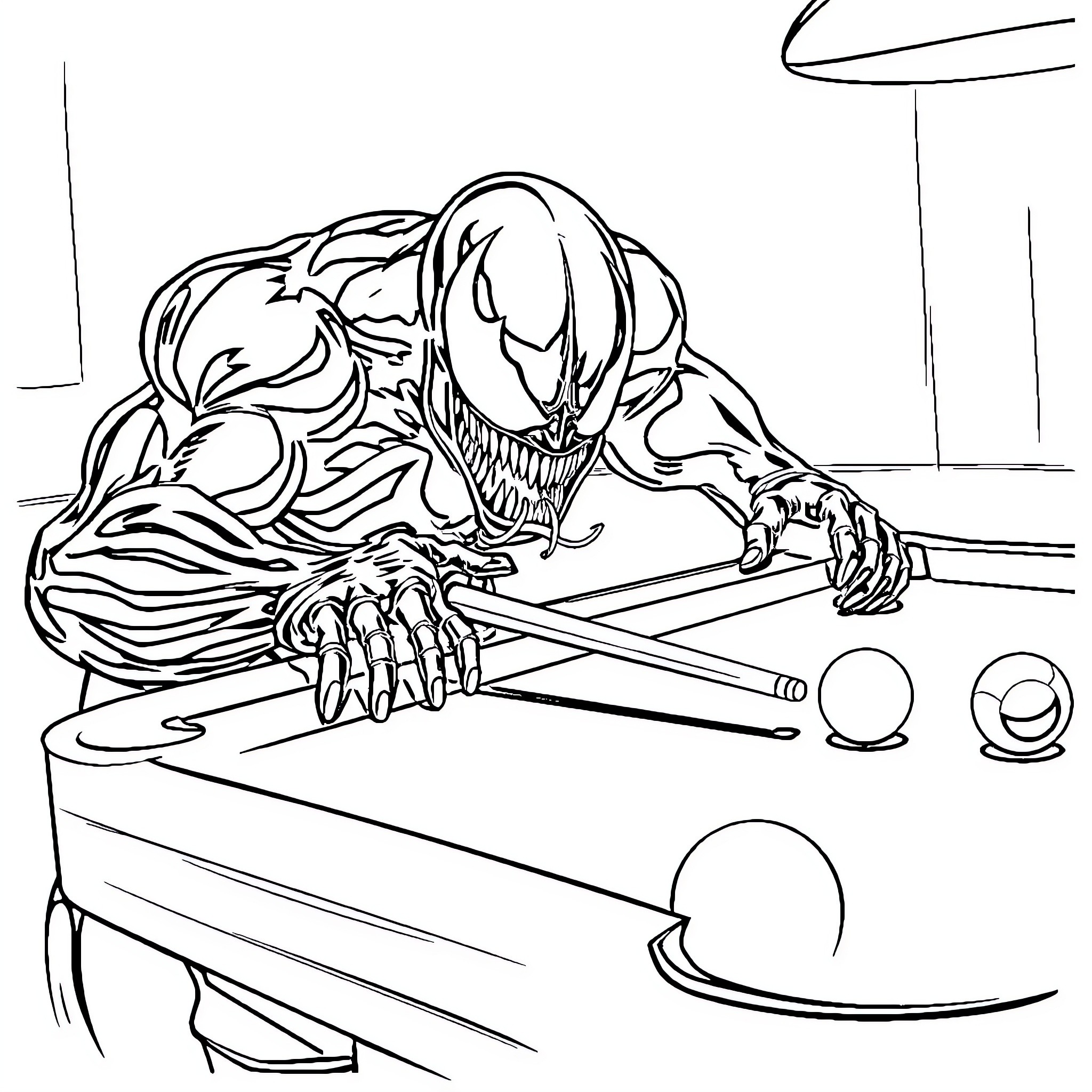 Venom menacing over a pool table Coloring Page (free black-and-white line drawing printable PDF for all, from beginners to advanced learners, including children, teens, adults, and seniors)