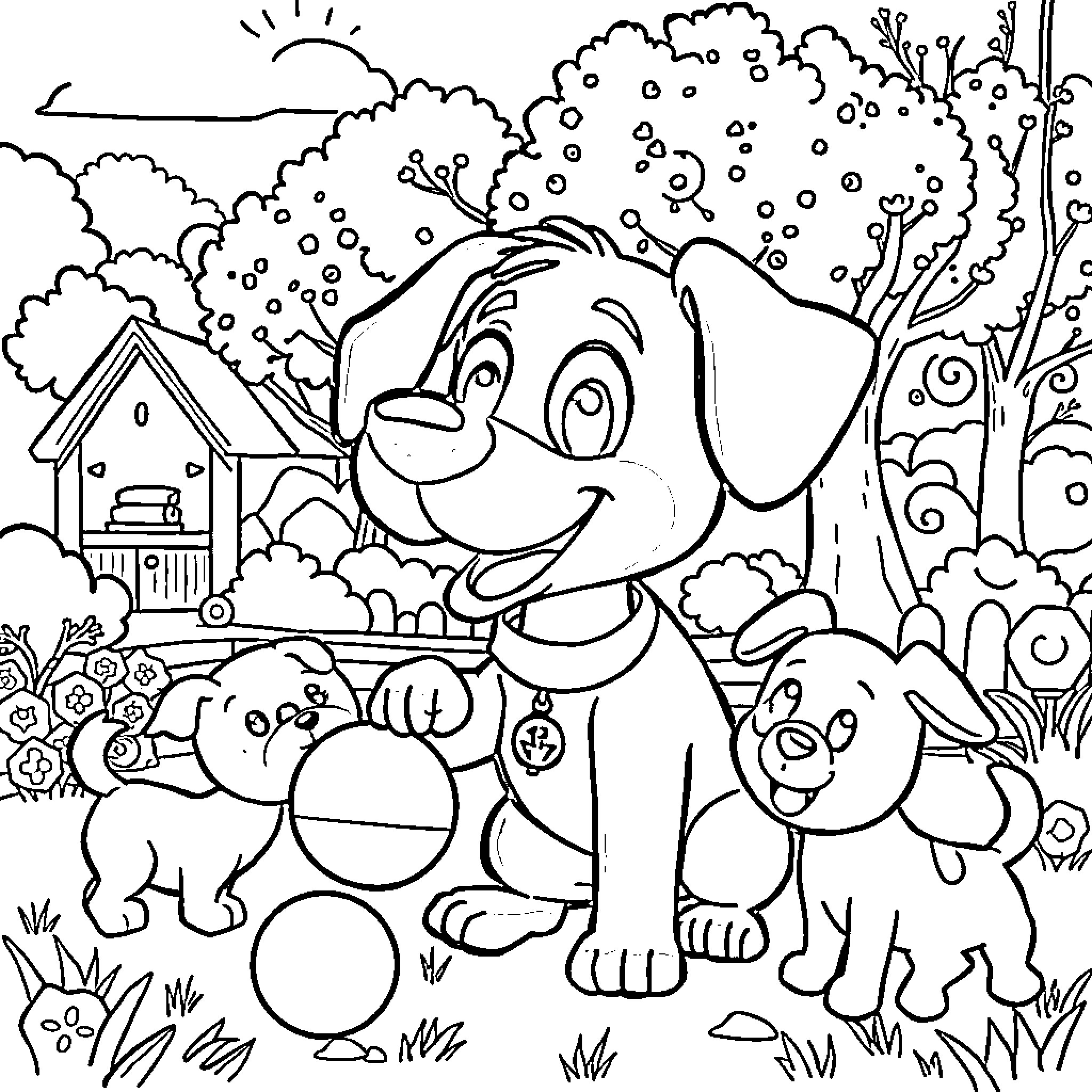 Bluey and Bingo enjoying the outdoors Coloring Page (free black-and-white line drawing printable PDF for all, from beginners to advanced learners, including children, teens, adults, and seniors)